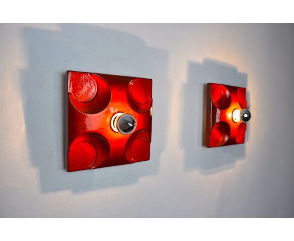 Pair Of Fat Lava Sconces By Hustadt Leuchten Orange Ceramic Germany 1960 photo buy