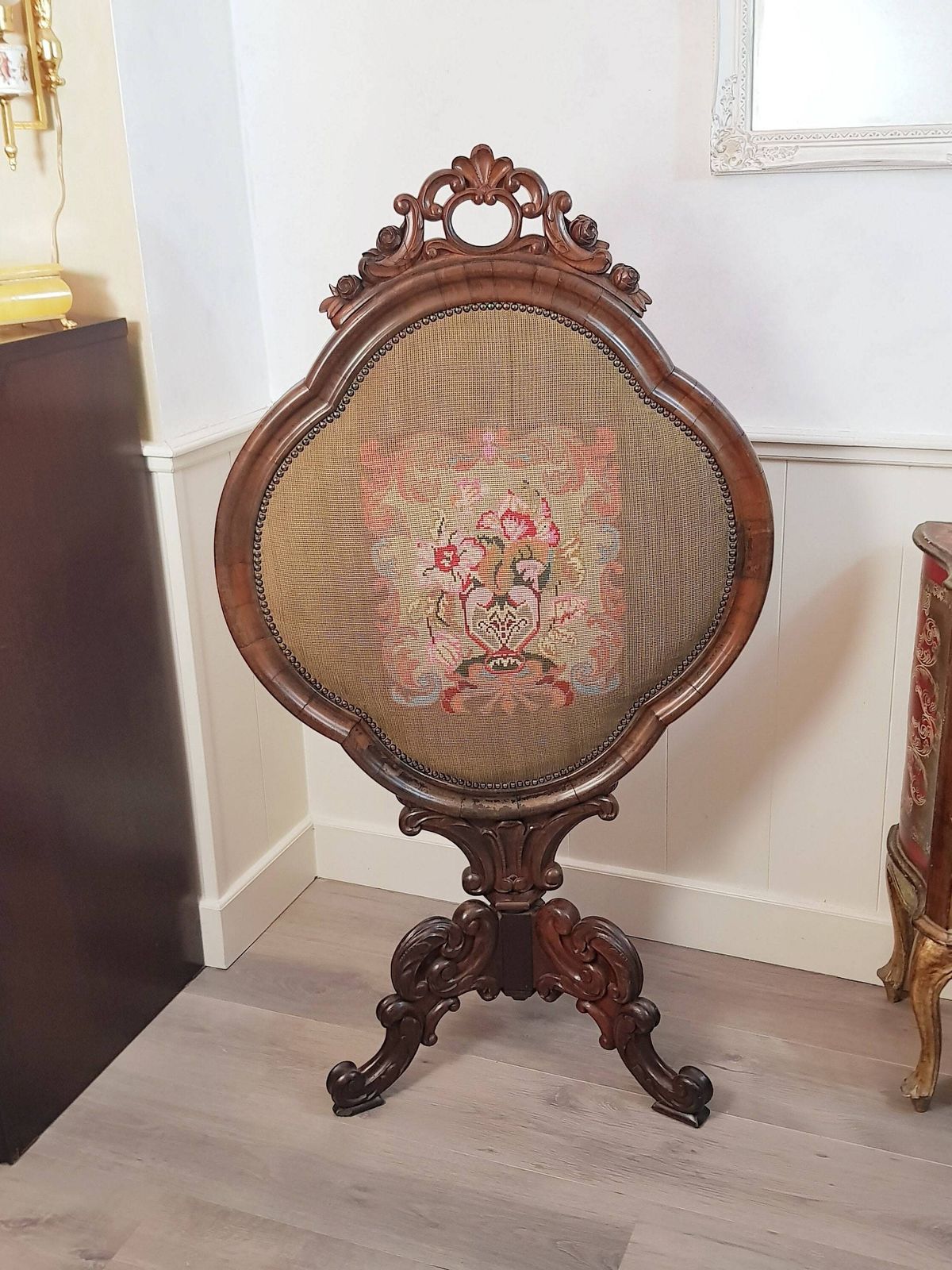 Antique French Tapestry Fire Screen, Victorian Period photo furniture