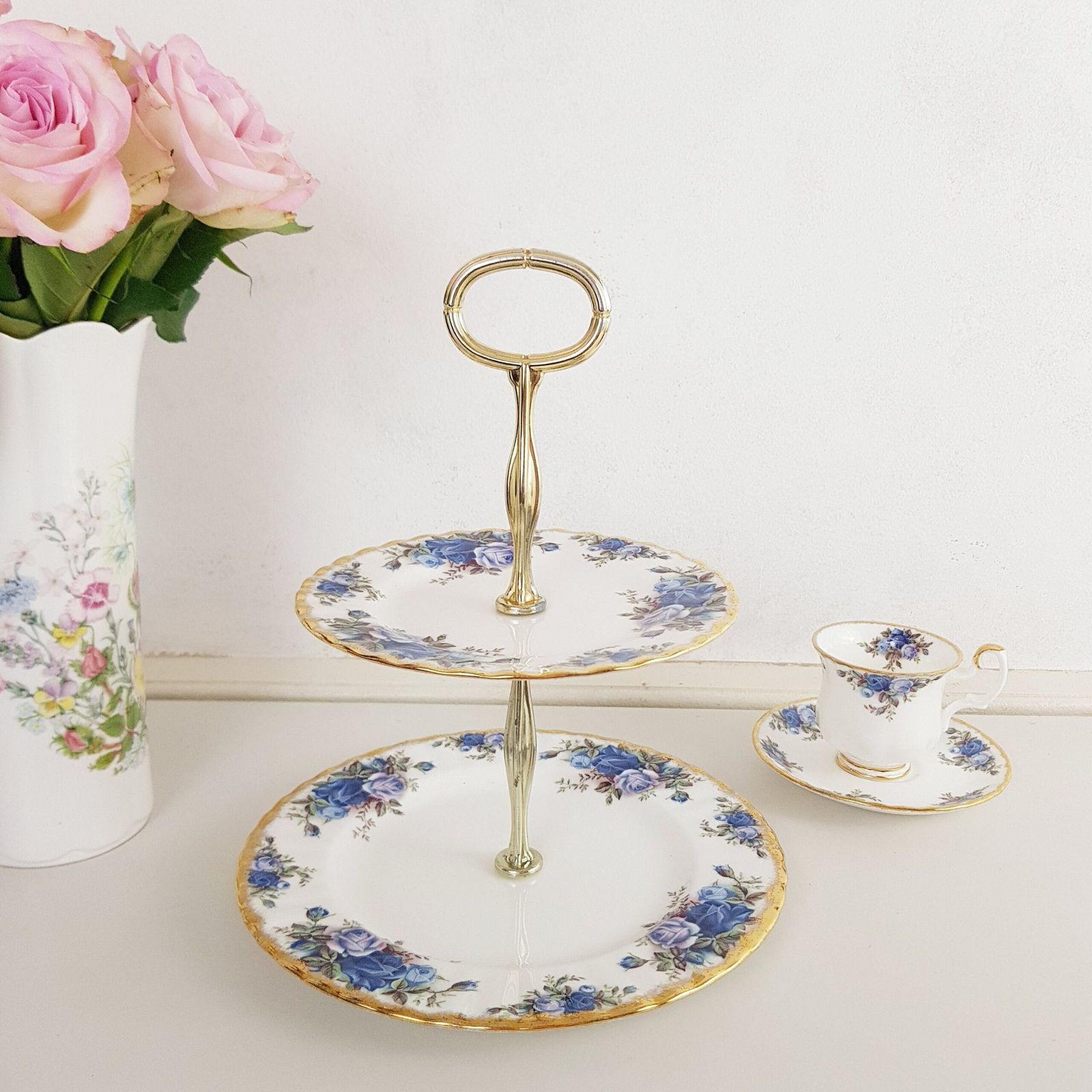 Original 1987 Ltd Royal Albert Moonlight Rose Double Tier With Handle, Cake Stand, Made In England