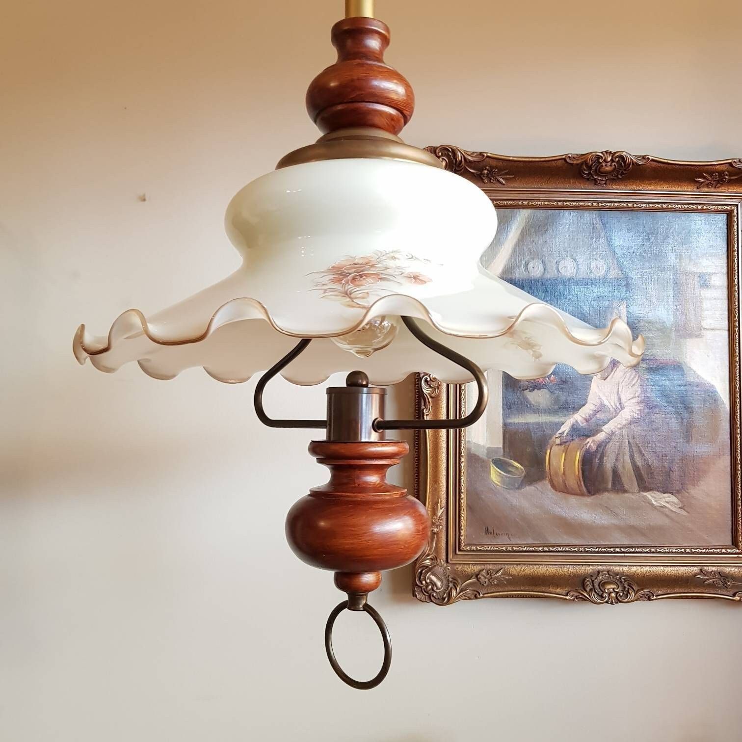 Special Pendant Light Lamp, Wood Handle, Opaline Glass, Pendant Light Pull Down Lamp, Hard To Find photo furniture