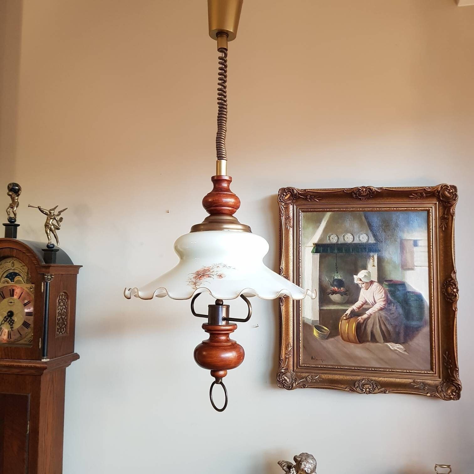 Bijzondere Hanglamp, Houten Handgreep, Opaline Glas, In Hoogte Verstelbaar – Zeldzaam photo Verlichting