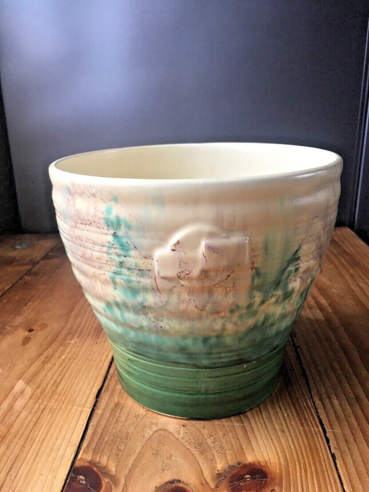 Rare C1936 Art Deco Beswick 378/2 Ribbed Dripglaze Jardiniere Planter Plant Pot photo Home Decor