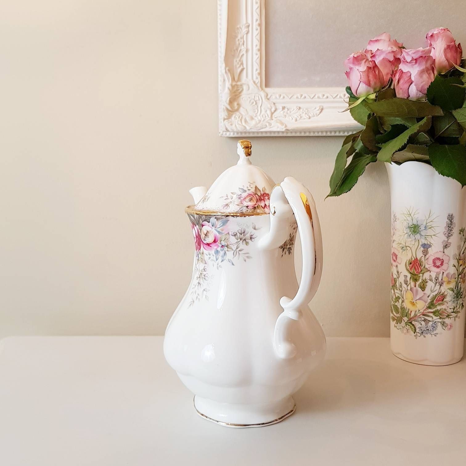 Queen Anne Summer Rose Coffeepot, Fine Bone China, Made In England, Gift Idea photo for sale