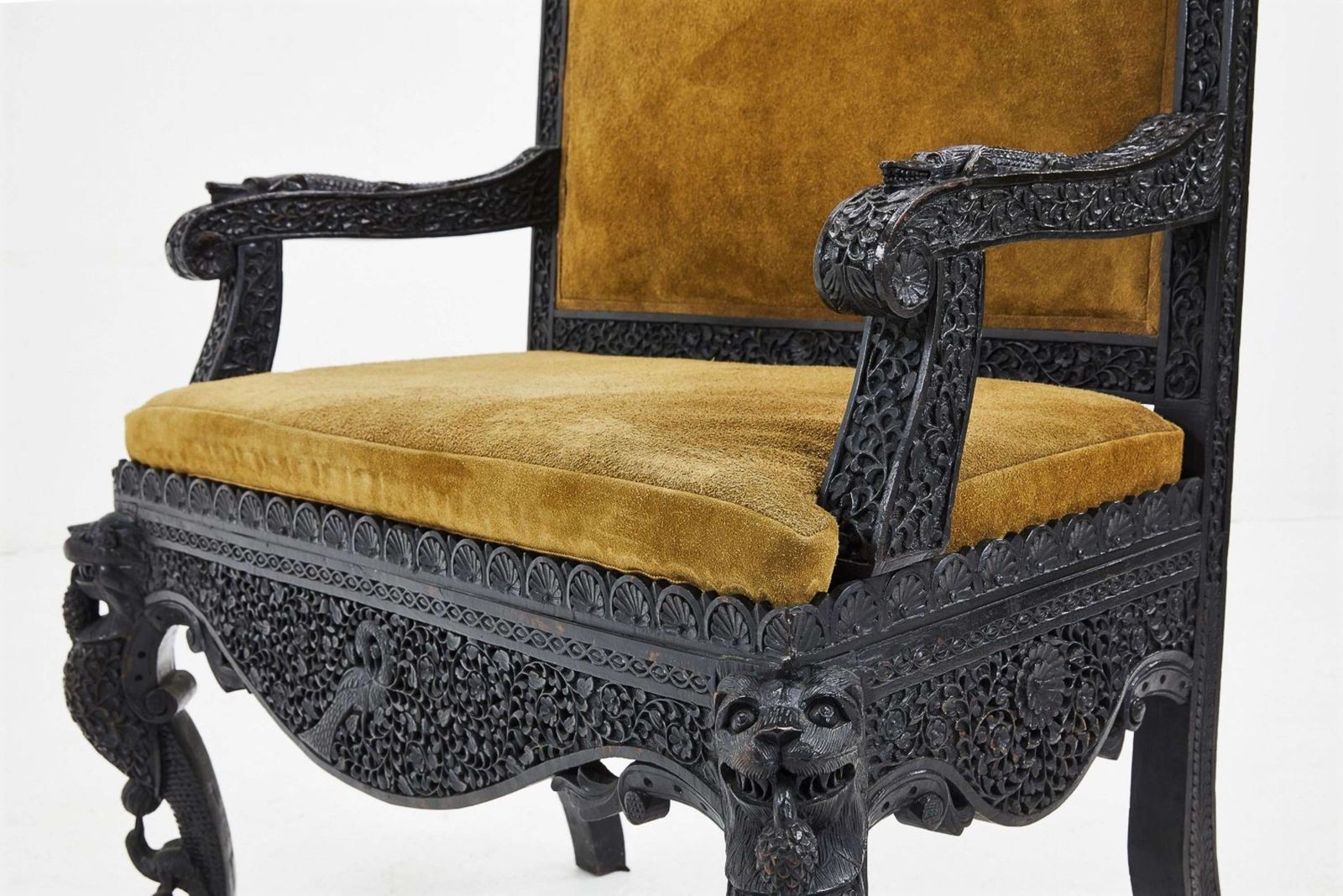 Extraordinary C19th Pair Of Indian Carved Hardwood Chairs / Hall Seats photo 6380.0