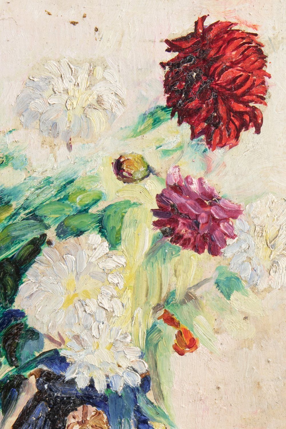 French School, Dahlias In Blue Vase, Oil On Panel, Midcentury photo for sale