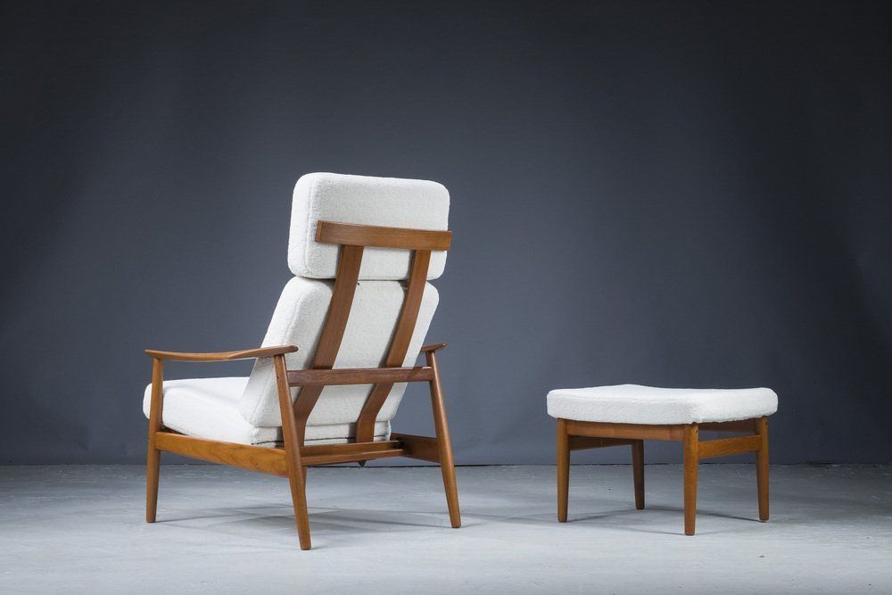 Mid Century Danish Teak & Wool Lounge Chairs & Footstools By Arne Vodder For France & Søn, 1960s, Set Of 2 photo Furniture