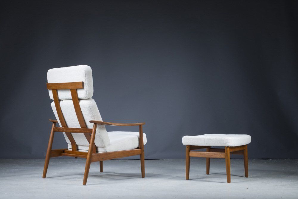 Mid Century Danish Teak & Wool Lounge Chairs & Footstools By Arne Vodder For France & Søn, 1960s, Set Of 2 photo vinterior