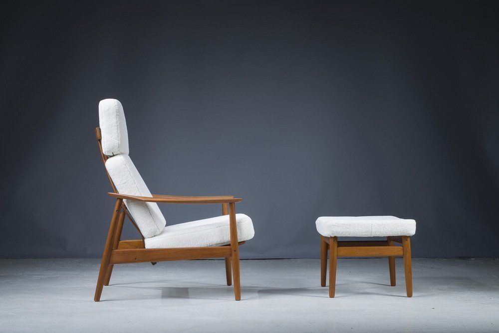 photo furniture Mid Century Danish Teak & Wool Lounge Chairs & Footstools By Arne Vodder For France & Søn, 1960s, Set Of 2