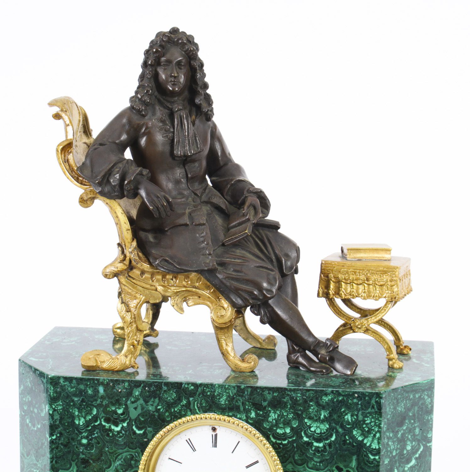 Antique Malachite Ormolu & Bronze Mantel Clock Silk Suspension Movement 19th C photo for sale