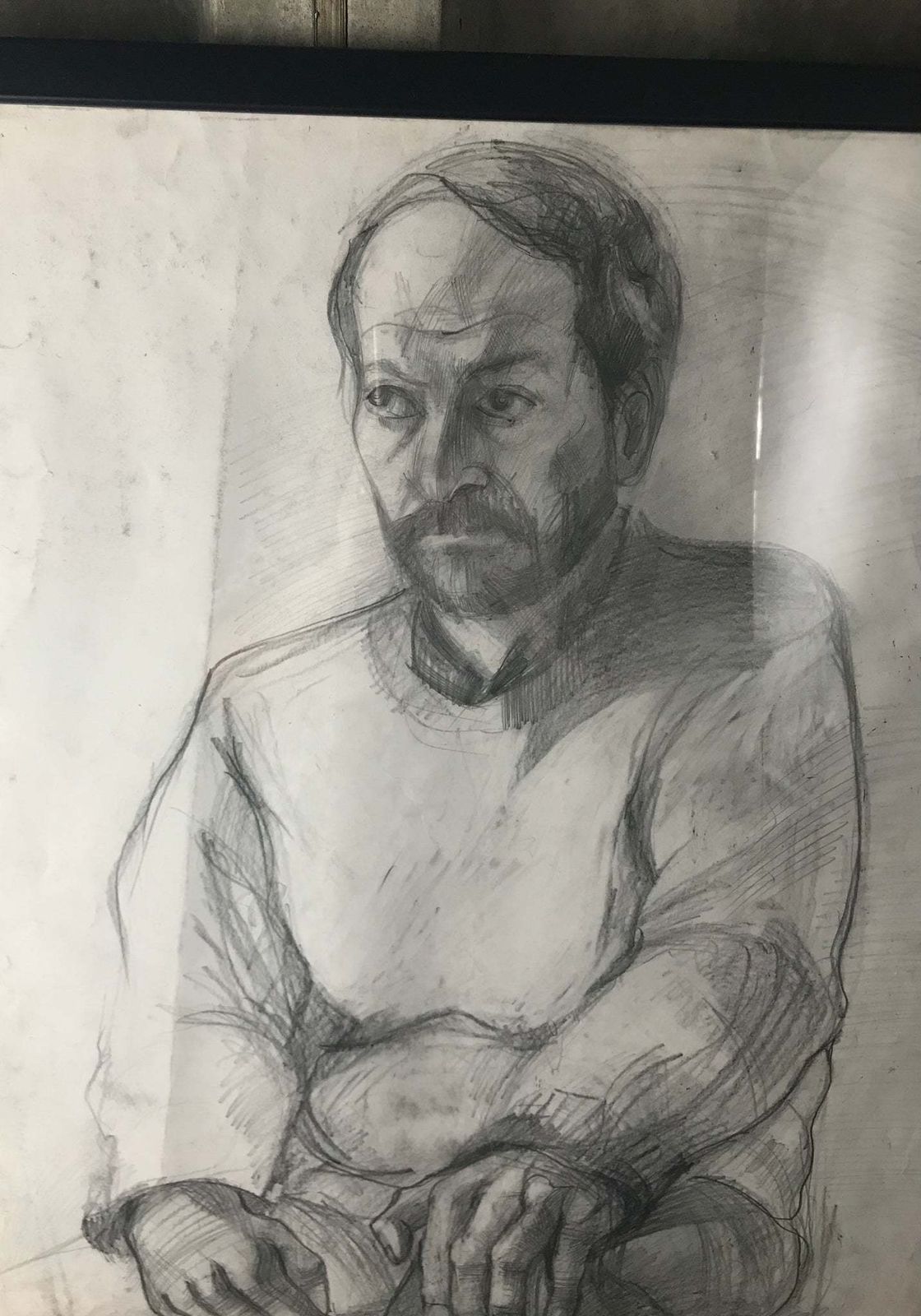 Stylish Original Vintage 1960’s Pencil Drawing Old Man With Jumper Eastern European Design Collectible Wall Art Piece photo furniture
