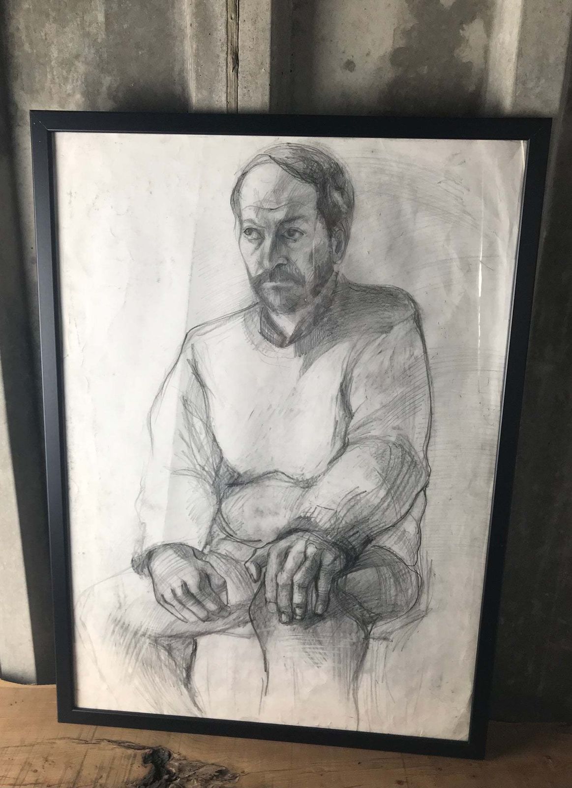 Stylish Original Vintage 1960’s Pencil Drawing Old Man With Jumper Eastern European Design Collectible Wall Art Piece photo Art