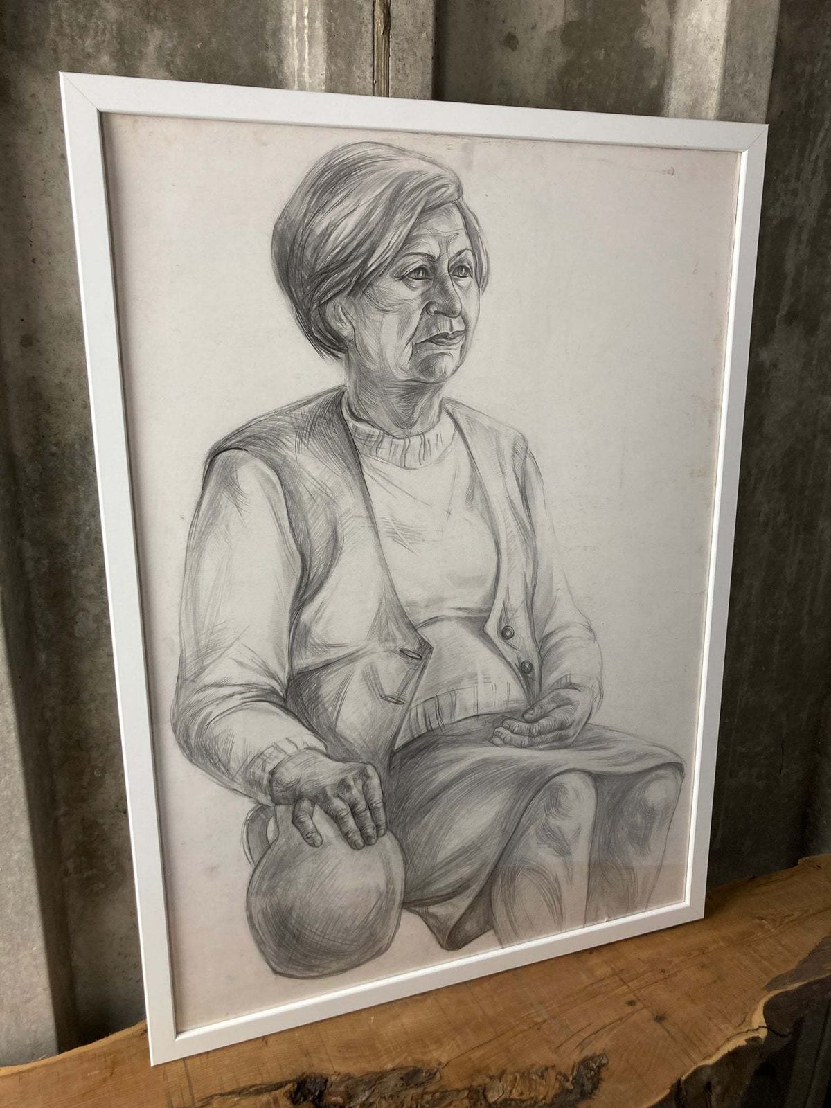 Vintage Original Pencil Drawing Picture Old Lady With Vase Eastern European photo furniture