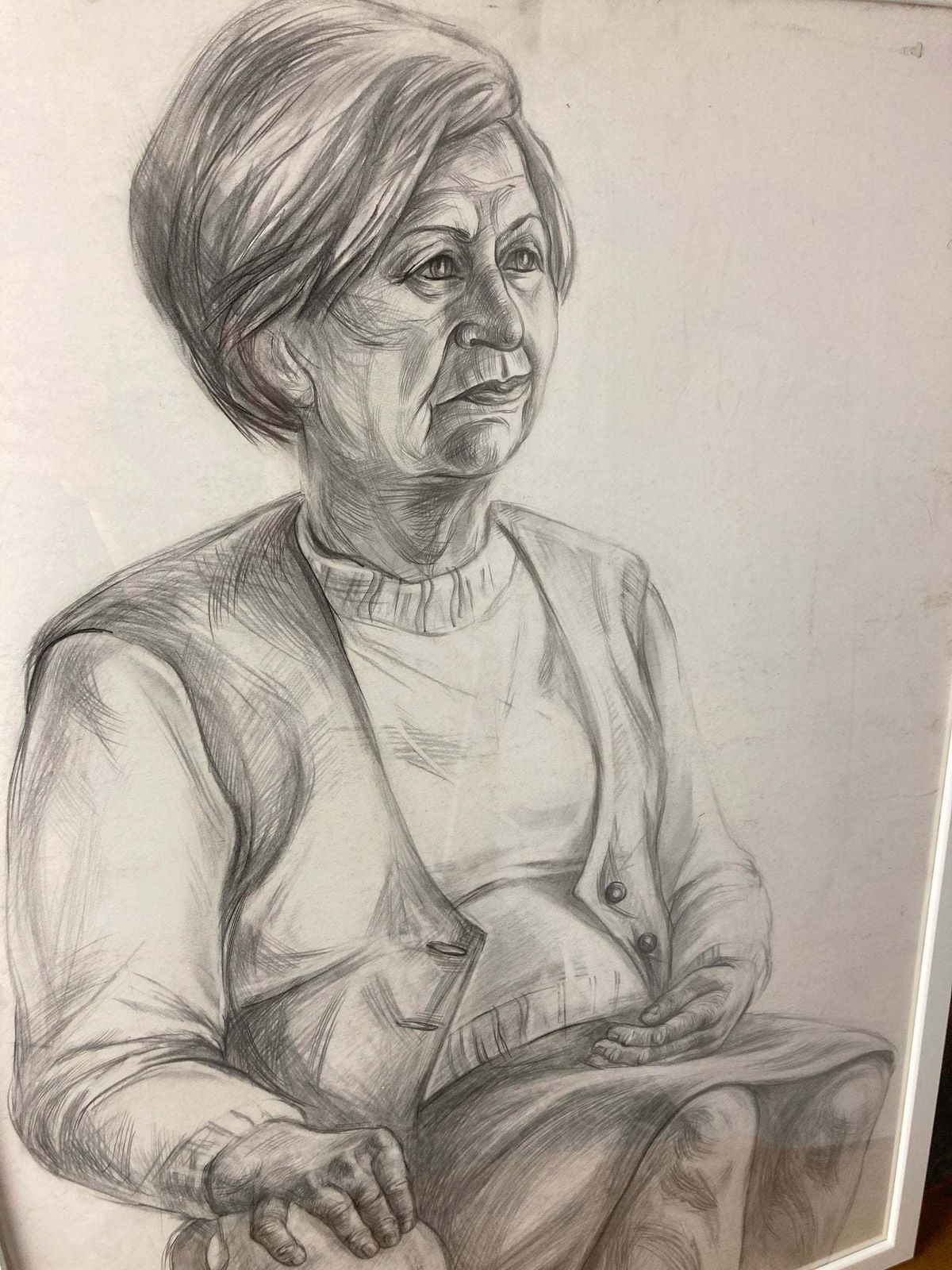 Vintage Original Pencil Drawing Picture Old Lady With Vase Eastern European photo for sale