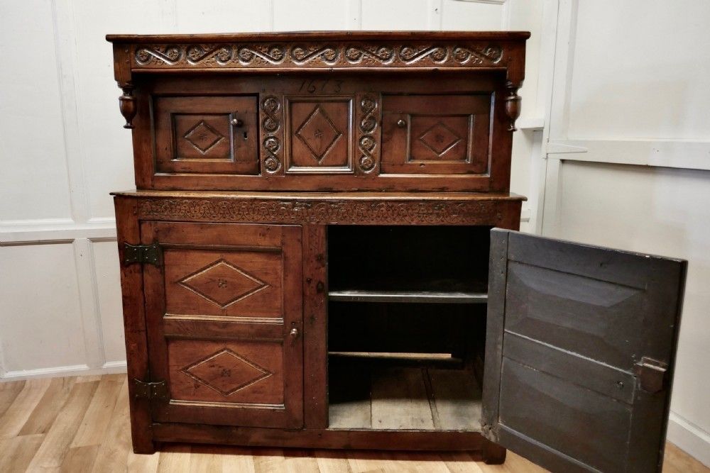 photo furniture 17th Century Carved Oak Court Cupboard, Livery Cupboard