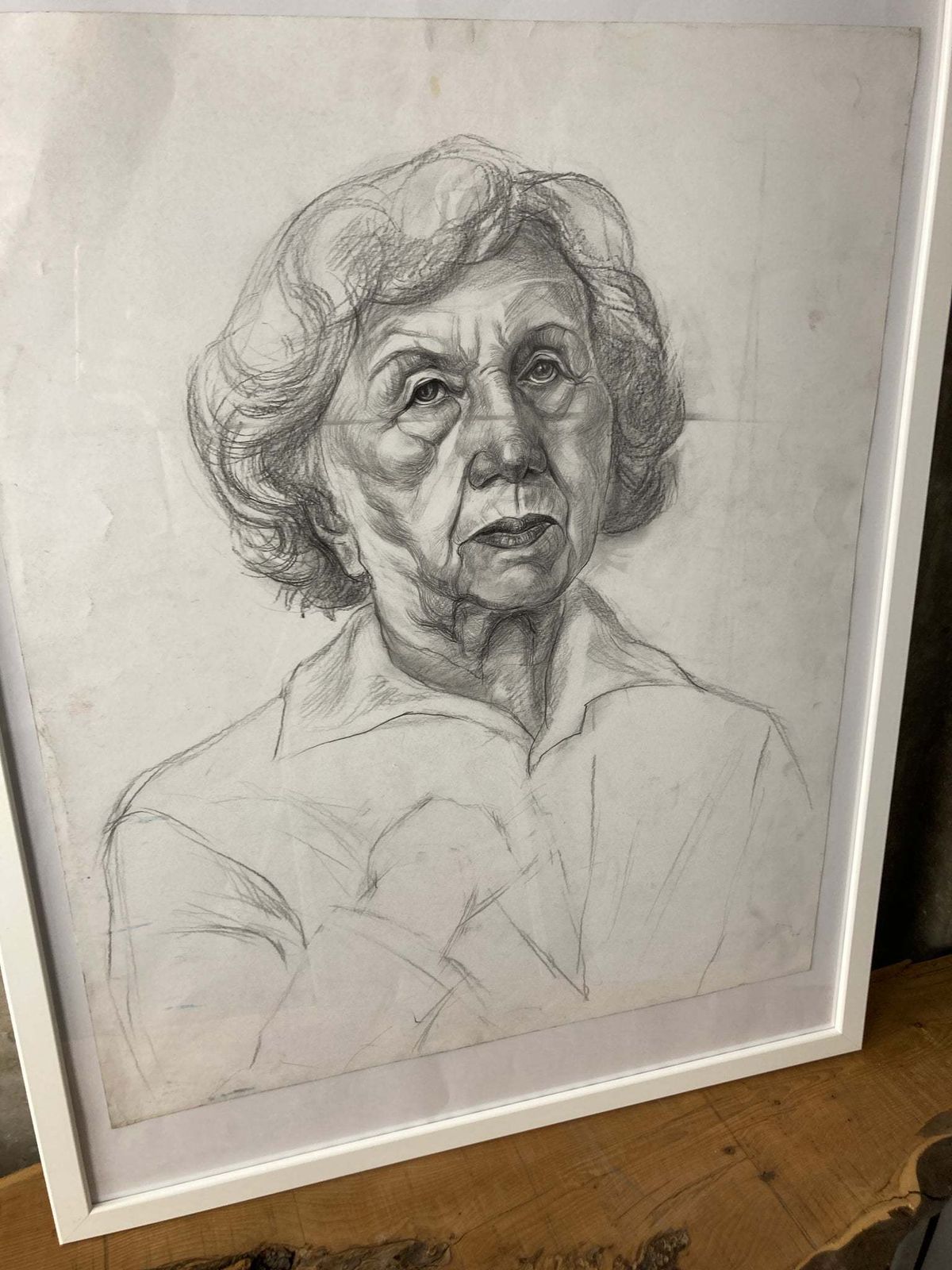 Beautiful Vintage Original Pencil Drawing Older Lady Eastern European Picture photo for sale