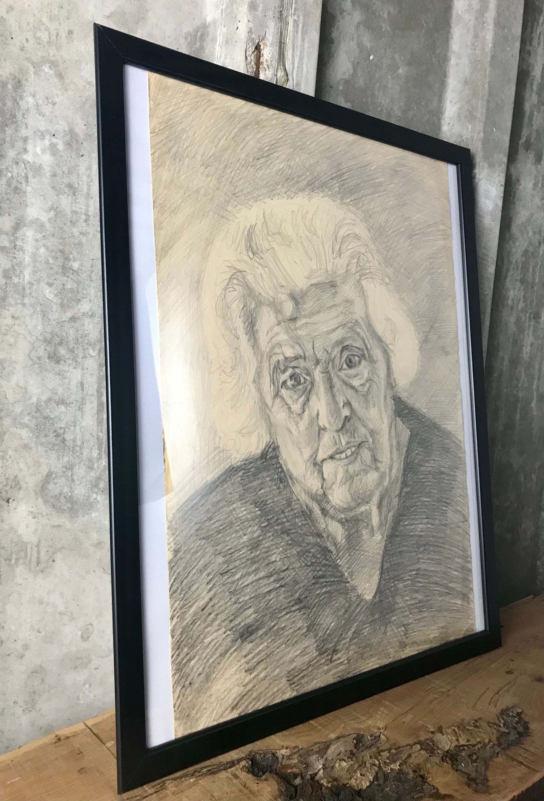 Stylish Original Vintage 1960’s Pencil Drawing Old Lady Eastern European Design Collectible photo for sale