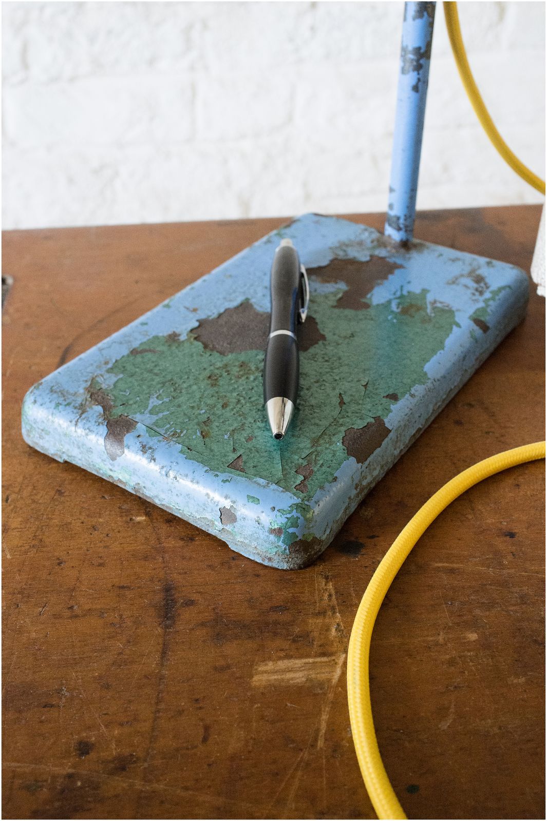 Fantastic Industrial Lab Stand Desk Bedside Lamp In Blue With Yellow Corded Lamp Holder & Lamp (244) photo for sale