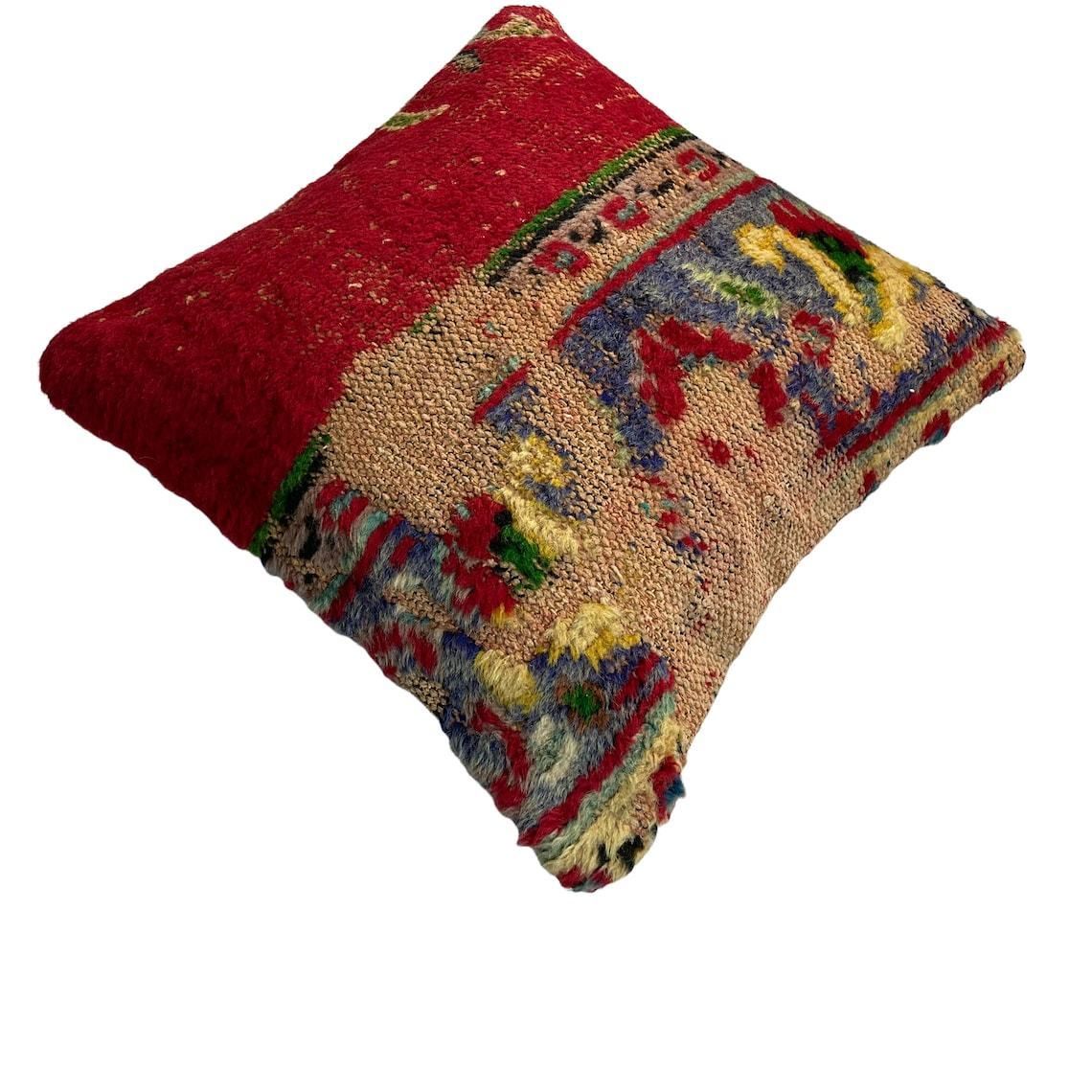 Vintage Hand Made Rug Cushion Cover, 45 X 45 Cm Decorative Rug Pillow Cover, Large Vintage Turkish Rug Cushion Cover photo vintage