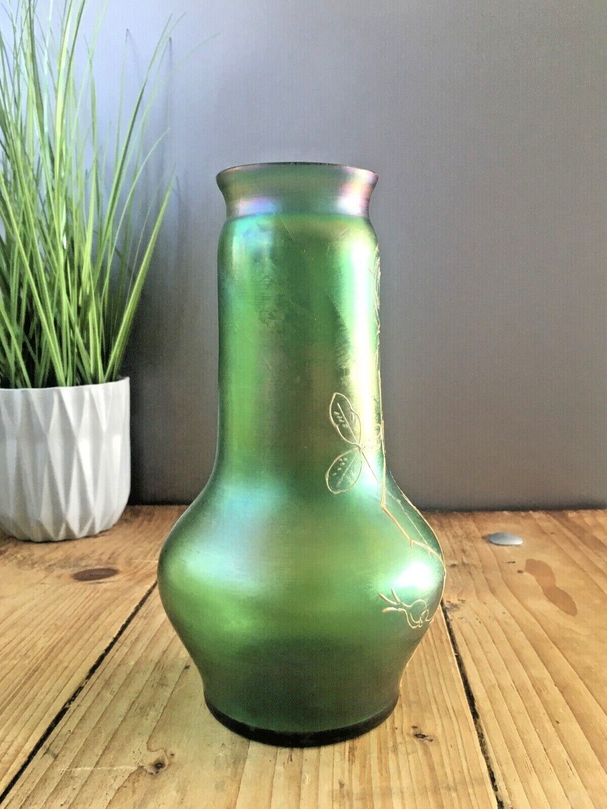 Aesthetic Movement Bohemian Czech Green Iridescent Vase Loetz Kralik Harrach photo for sale