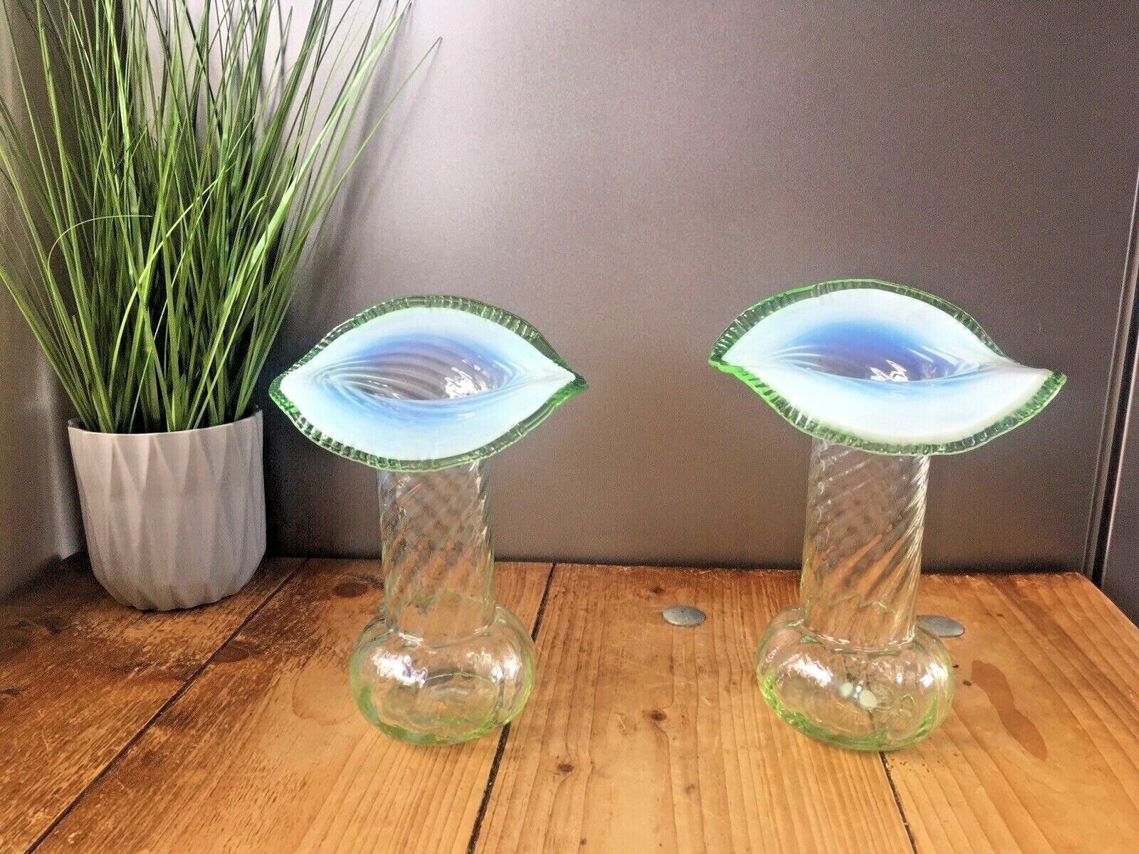 Pair Of Antique Vaseline Glass Uranium Ruffled Jack In The Pulpit Vases Harrach