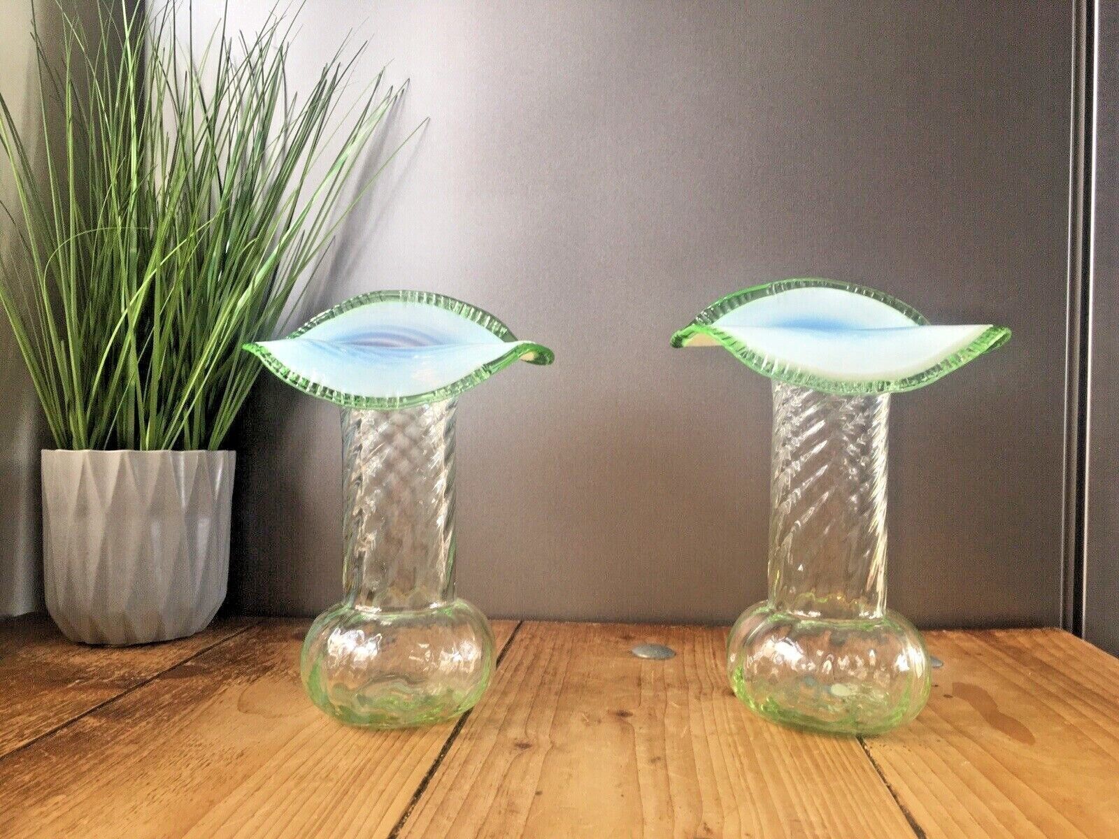Pair Of Antique Vaseline Glass Uranium Ruffled Jack In The Pulpit Vases Harrach photo furniture