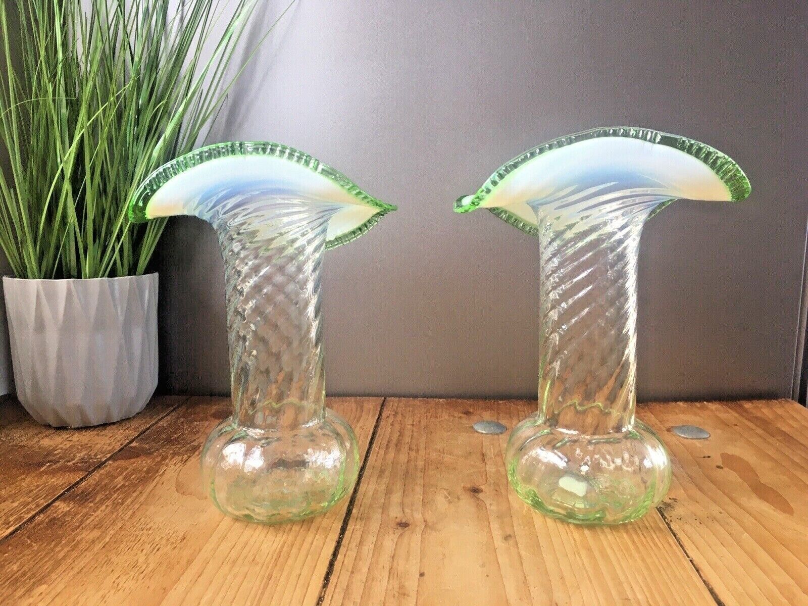 Pair Of Antique Vaseline Glass Uranium Ruffled Jack In The Pulpit Vases Harrach photo buy