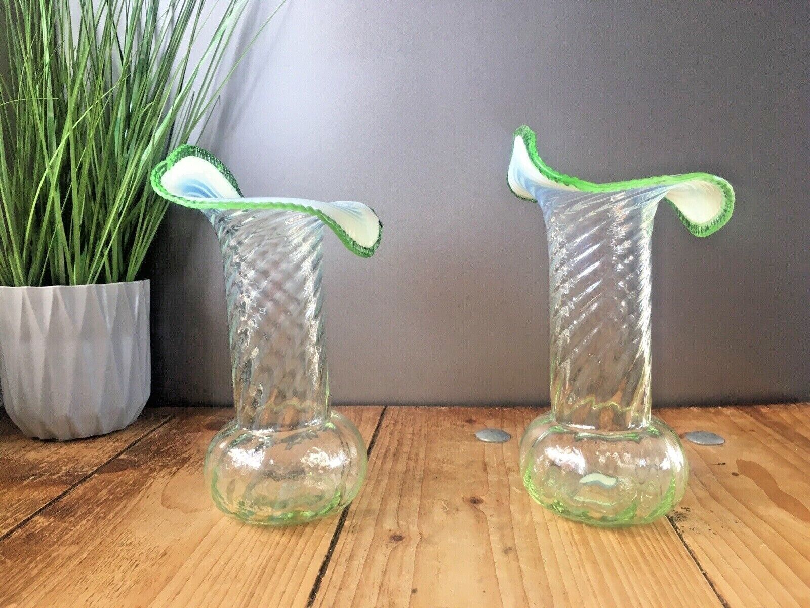 Pair Of Antique Vaseline Glass Uranium Ruffled Jack In The Pulpit Vases Harrach photo vintage