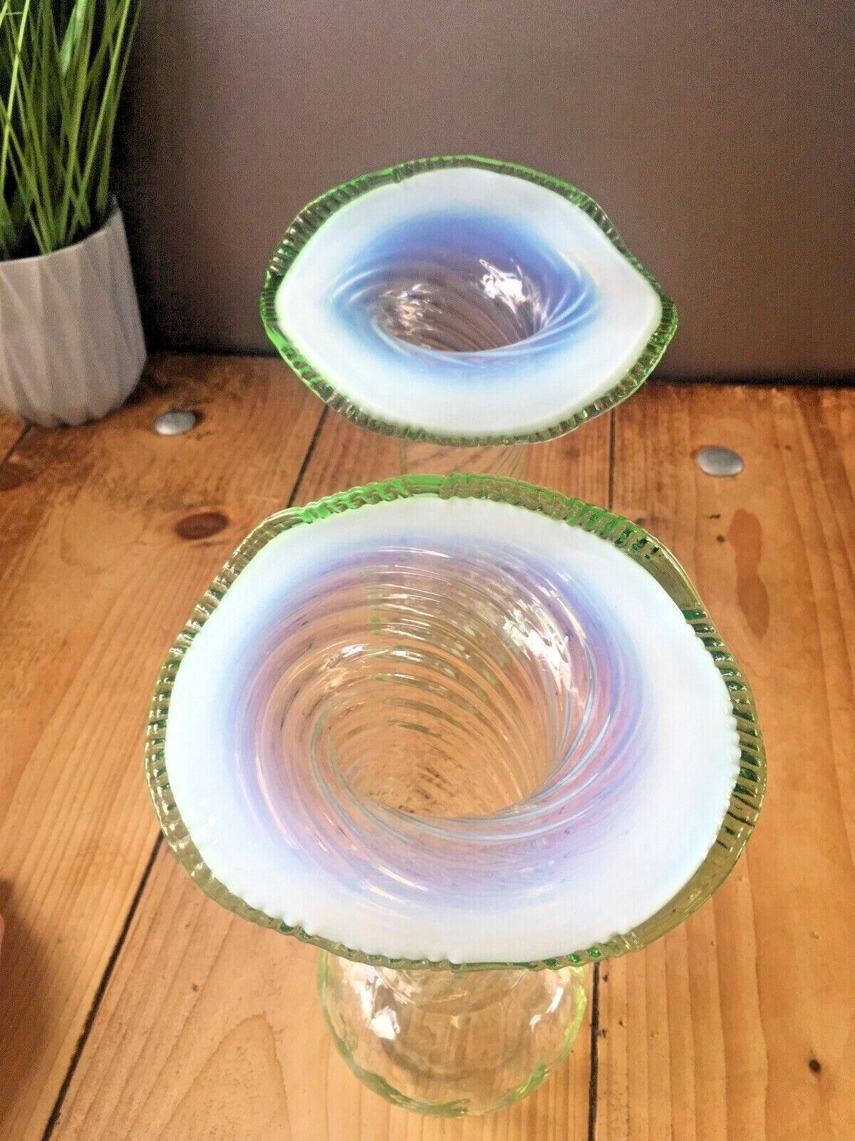 photo furniture Pair Of Antique Vaseline Glass Uranium Ruffled Jack In The Pulpit Vases Harrach