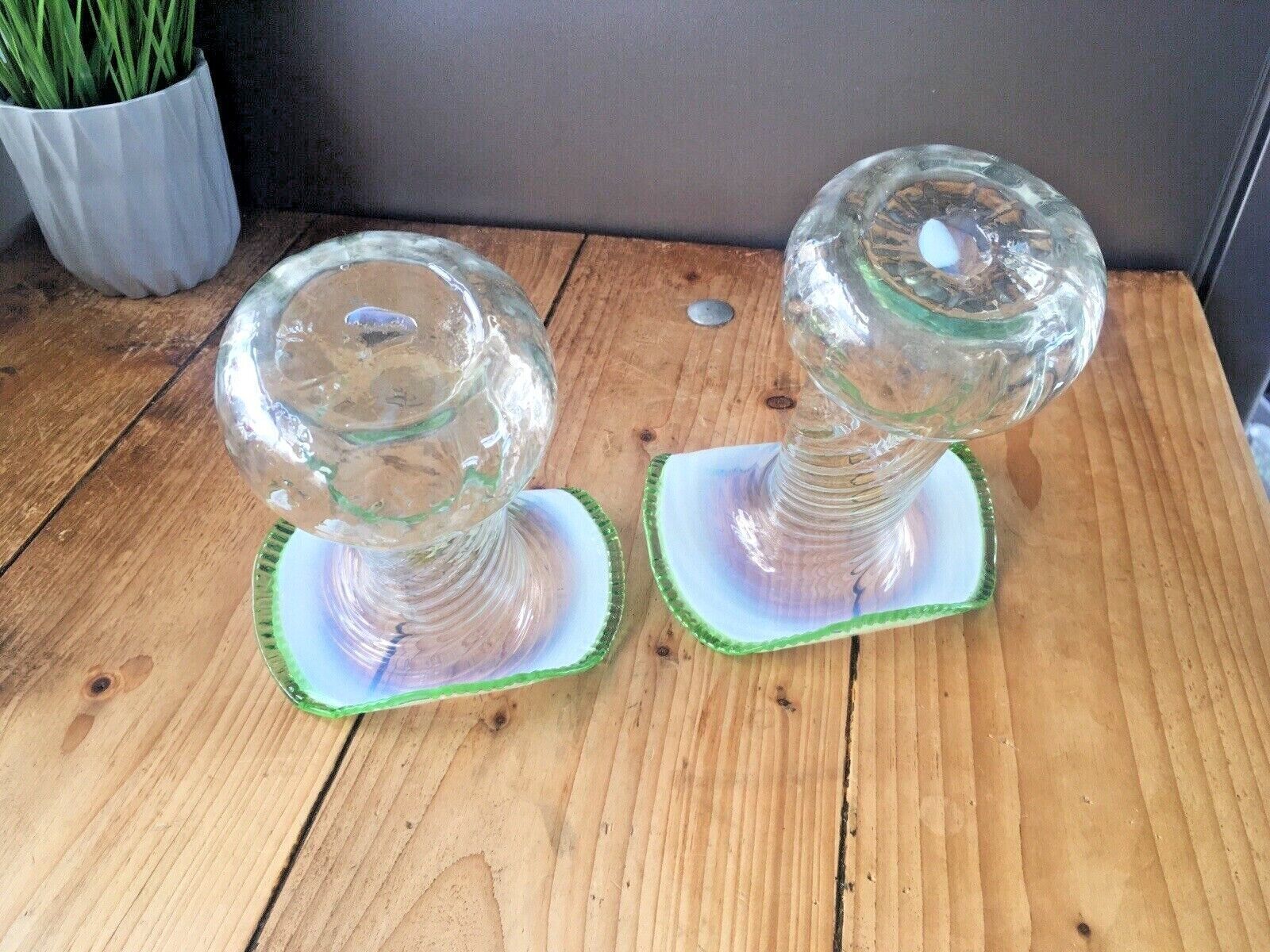 photo for sale Pair Of Antique Vaseline Glass Uranium Ruffled Jack In The Pulpit Vases Harrach