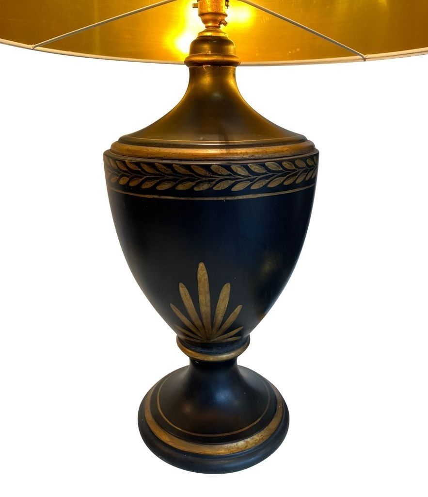 A 1970s Pair Of Large Black Ceramic Gilt Painted Lamps In A Neoclassical Style photo furniture