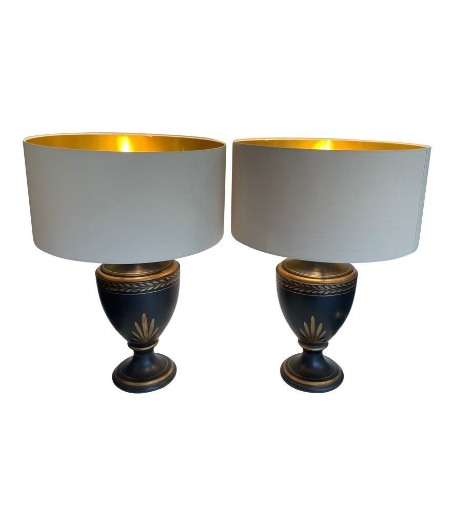 A 1970s Pair Of Large Black Ceramic Gilt Painted Lamps In A Neoclassical Style photo buy
