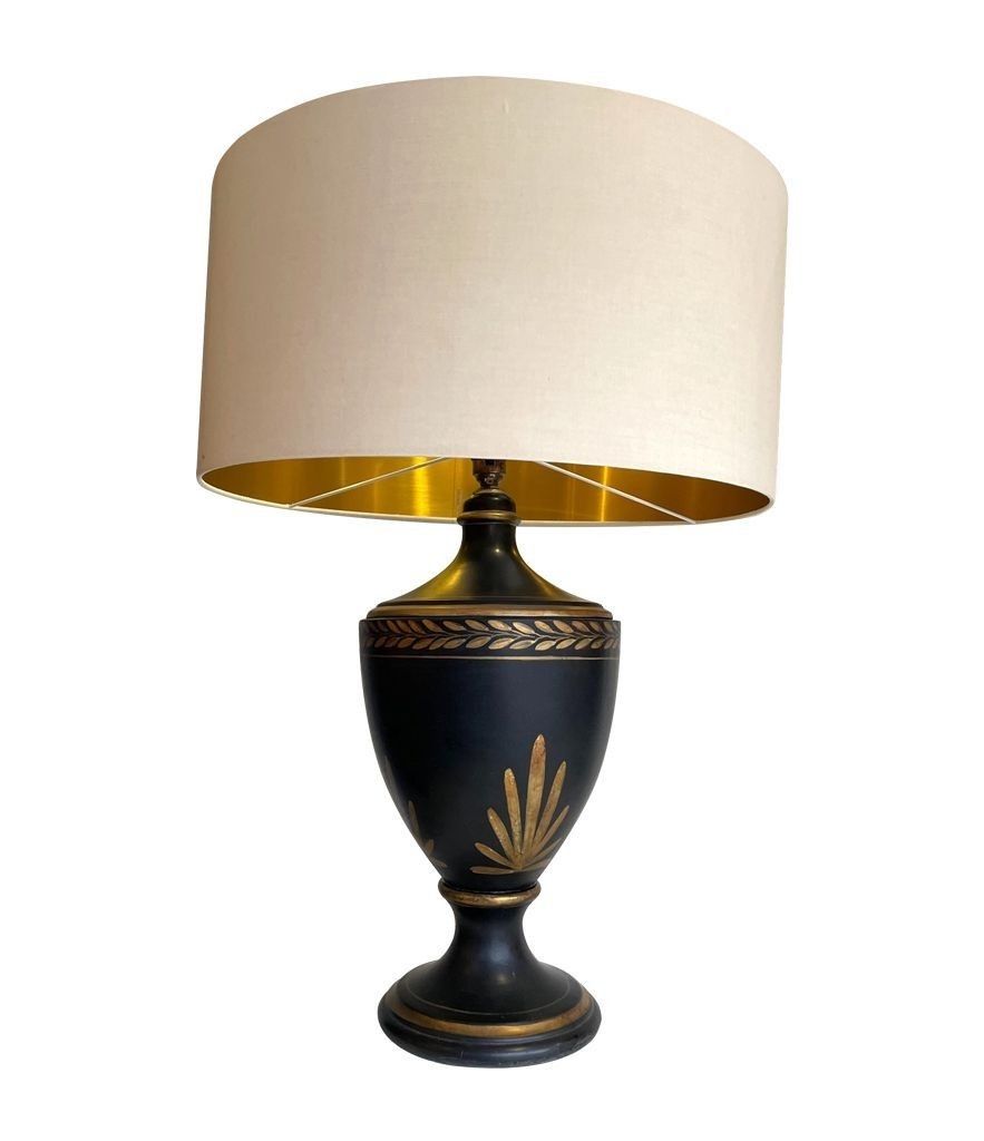 Lighting A 1970s Pair Of Large Black Ceramic Gilt Painted Lamps In A Neoclassical Style photo
