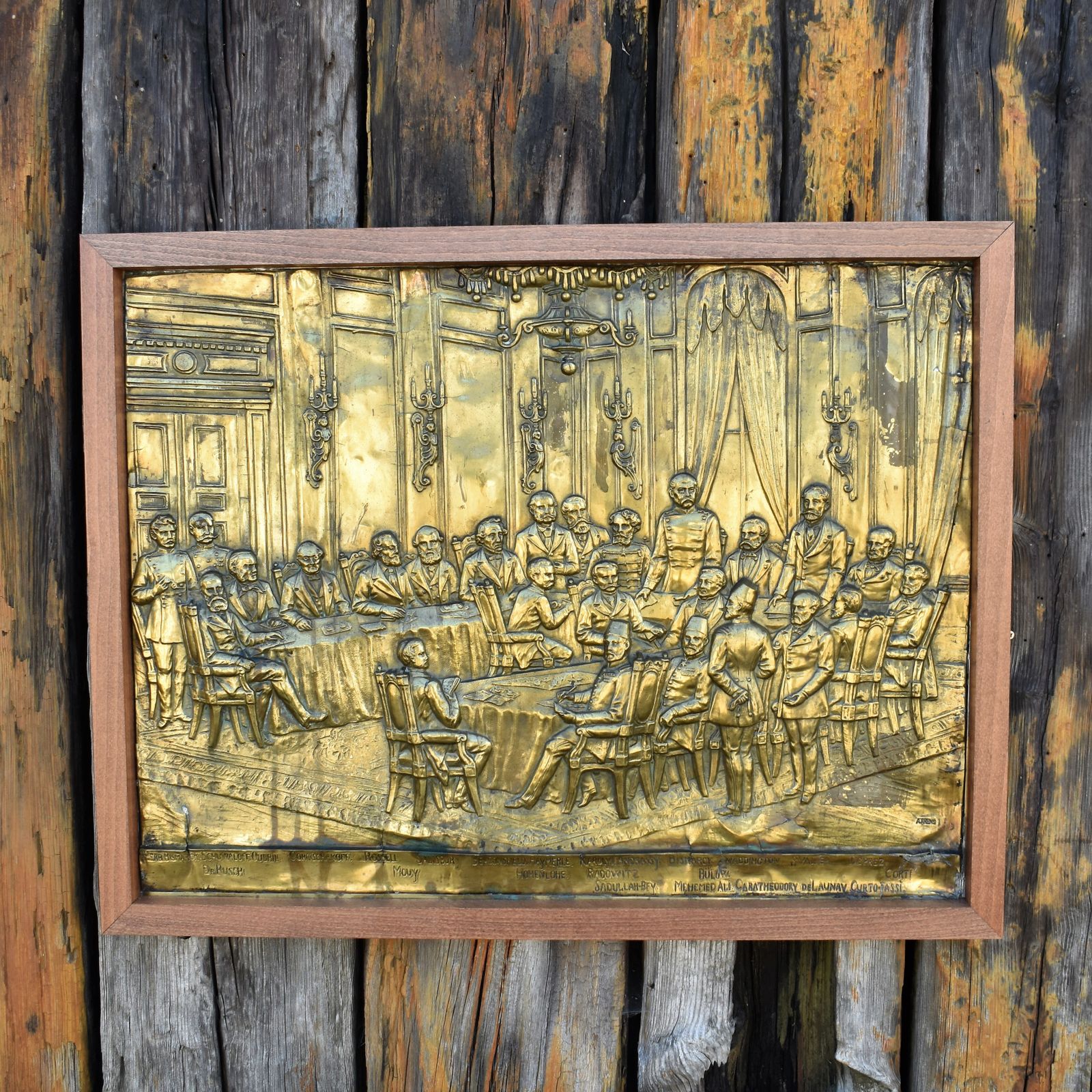 Antique 1884 Brass Repousse Plaque Art Arnold Anvers Antwerp Berlin Conference photo furniture