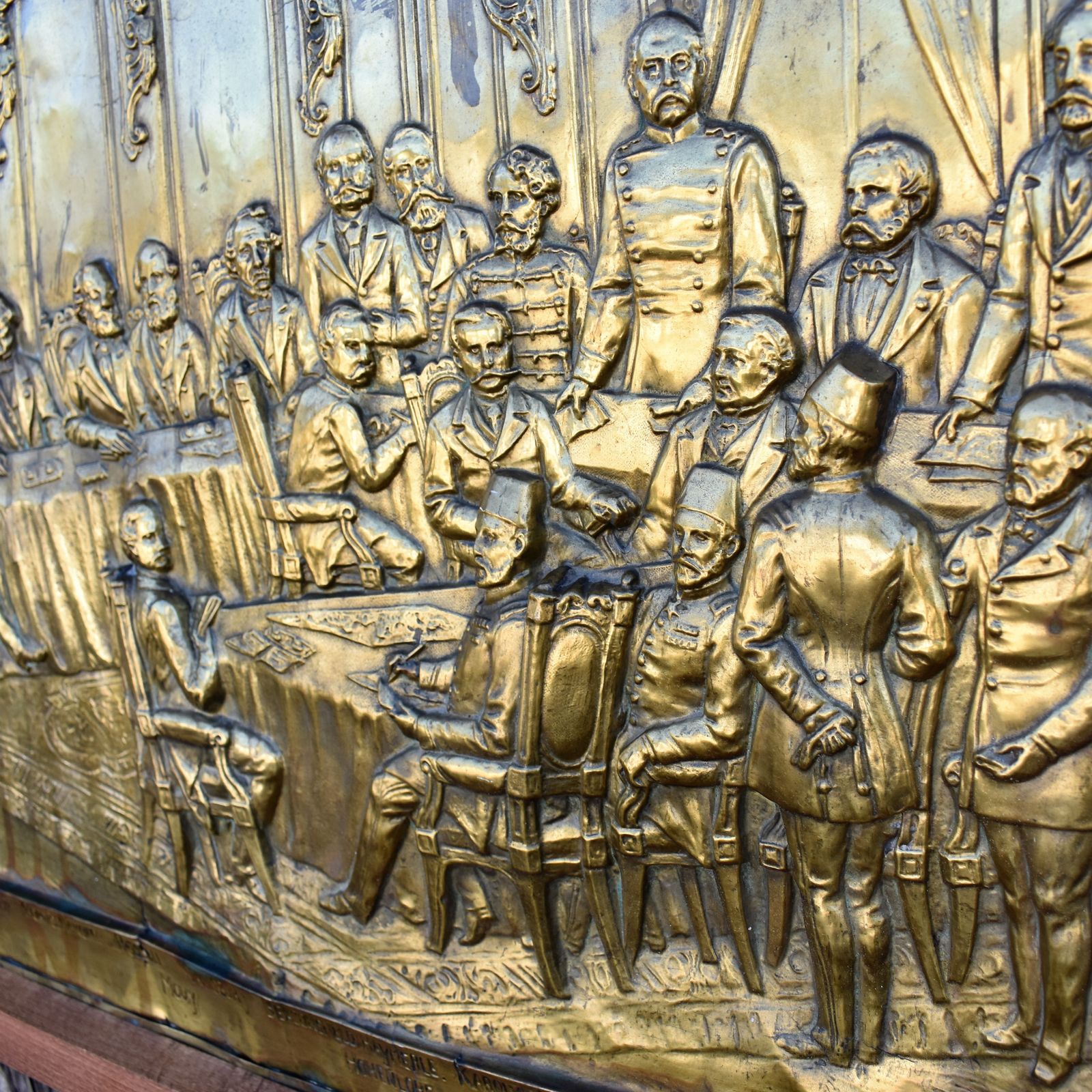 Antique 1884 Brass Repousse Plaque Art Arnold Anvers Antwerp Berlin Conference photo 495.0