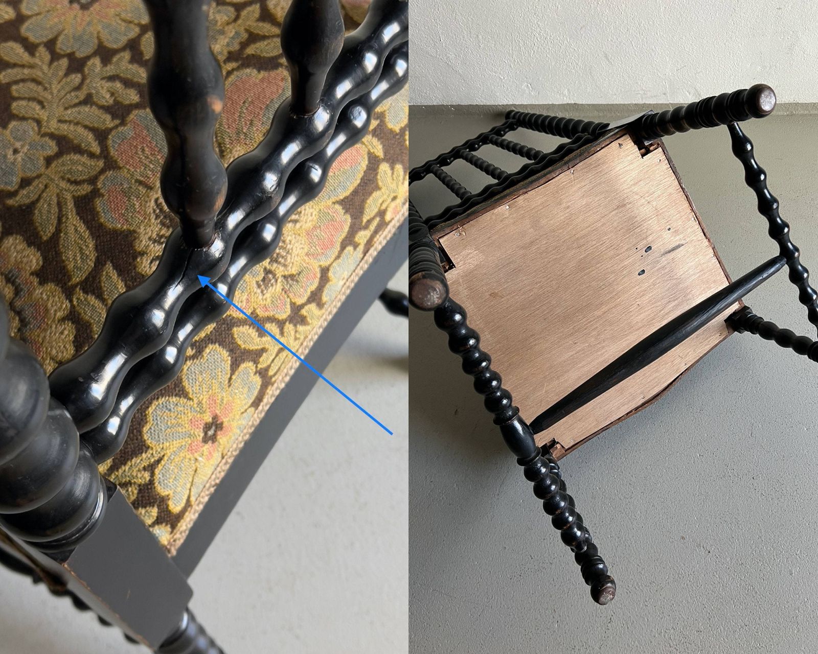 photo for sale Eiken Bobbin Stoel / Tapijtbekleding / Gesneden Hout / Frankrijk / Vintage