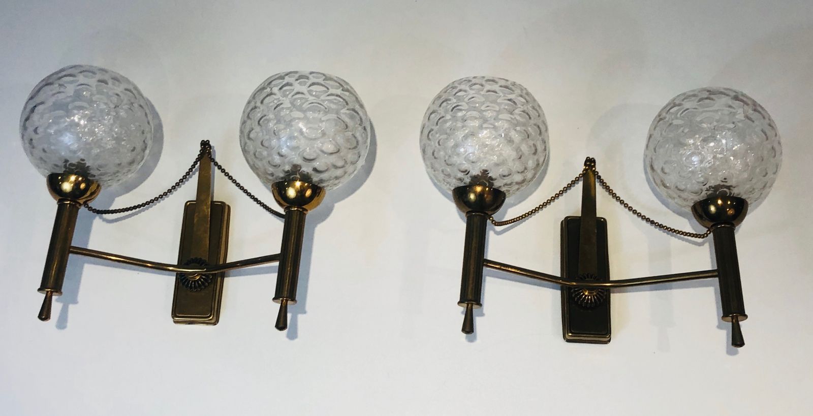 850.0 Pair Of Brass And Glass Ball Sconces. Around 1970 photo