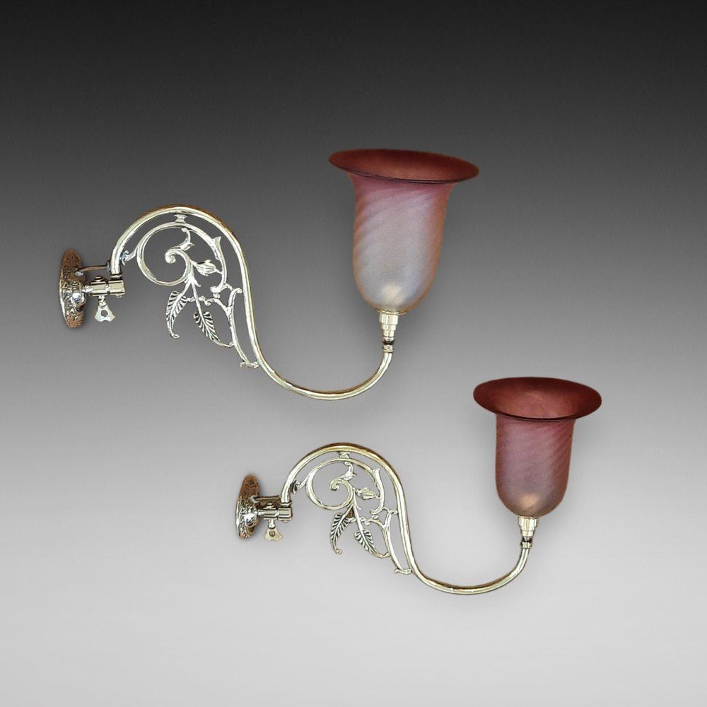 Pair Of Art Nouveau Brass And Cranberry Wall Light