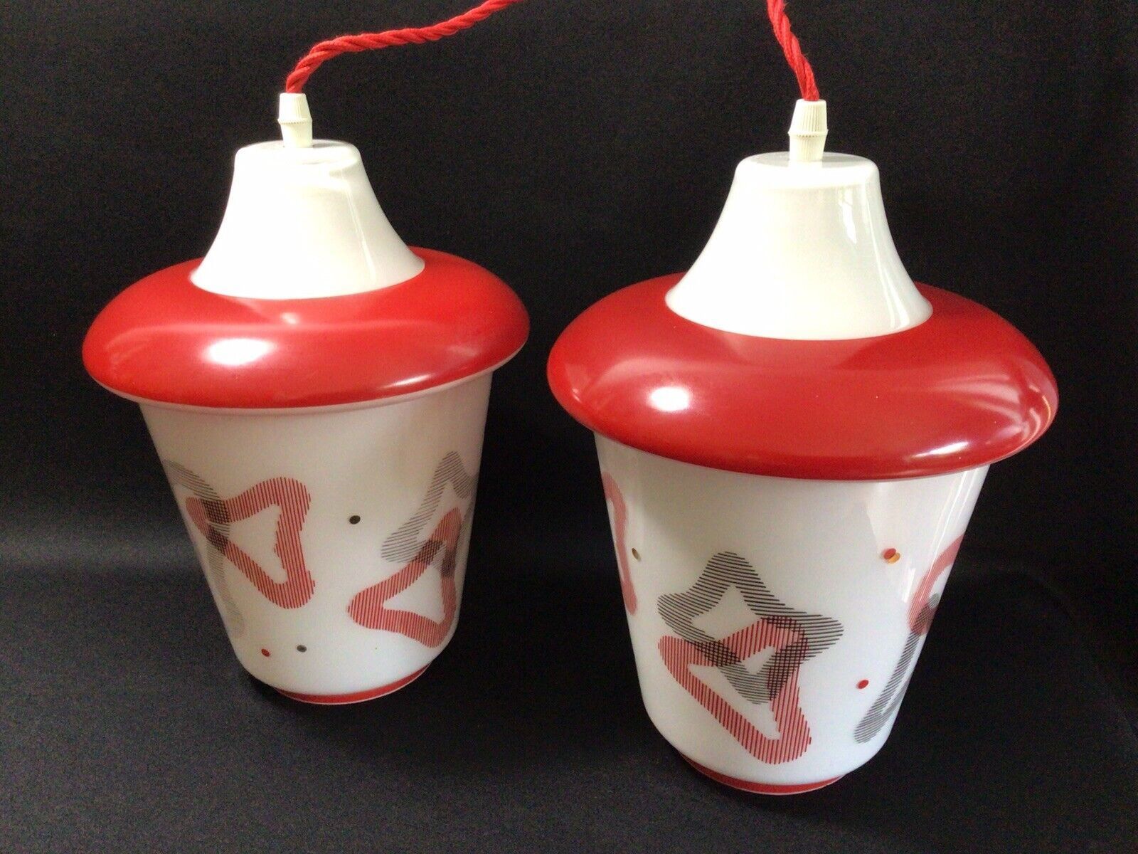 Pair Vintage 1950s Red & White Glass Lantern Pendant Lamps photo furniture