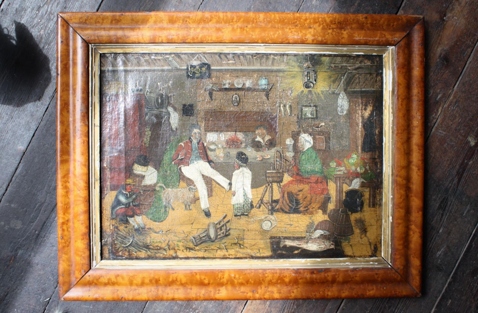 Early 19th Primitive Naive Interior Scene Folk Art Military Wooden Leg Curio photo for sale