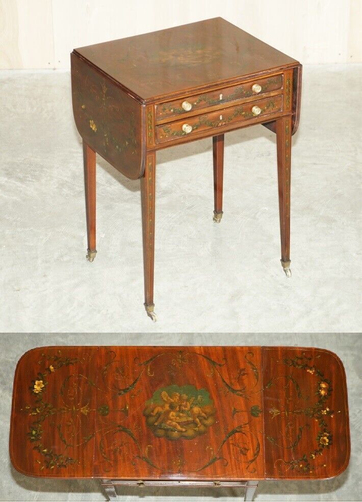 Antique Regency Circa 1815 Sheraton Hand Painted Cherub Extending Side End Table