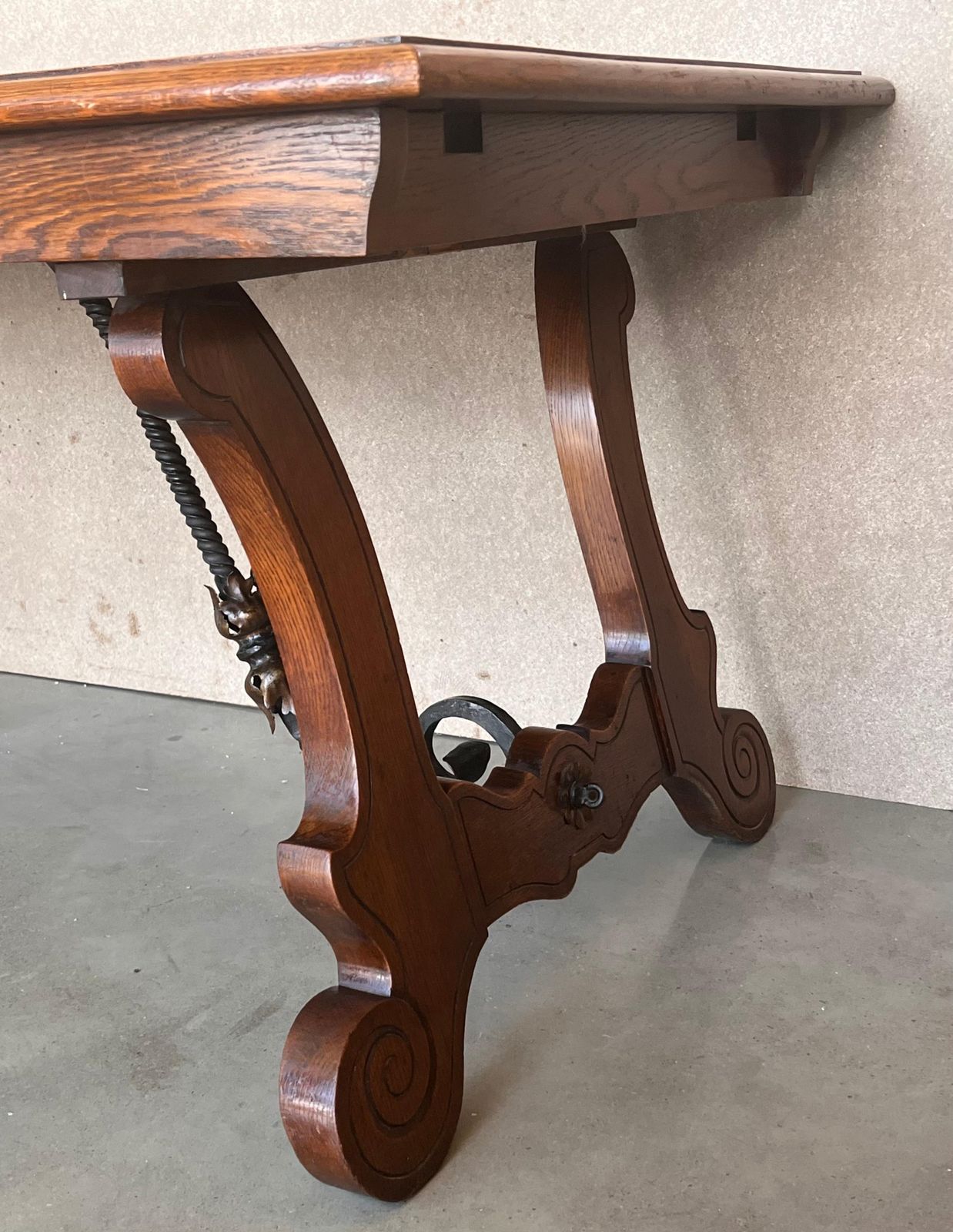 photo vinterior 20th Century Spanish Oak Lyre Legs Trestle Dining Farm Table