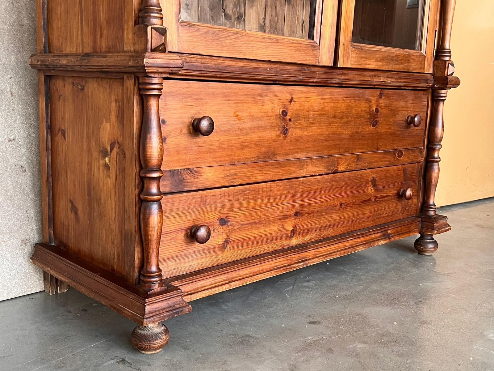 20th Century Large Cupboard Or Bookcase With Glass Vitrine, Pine, Spain Restored photo vintage