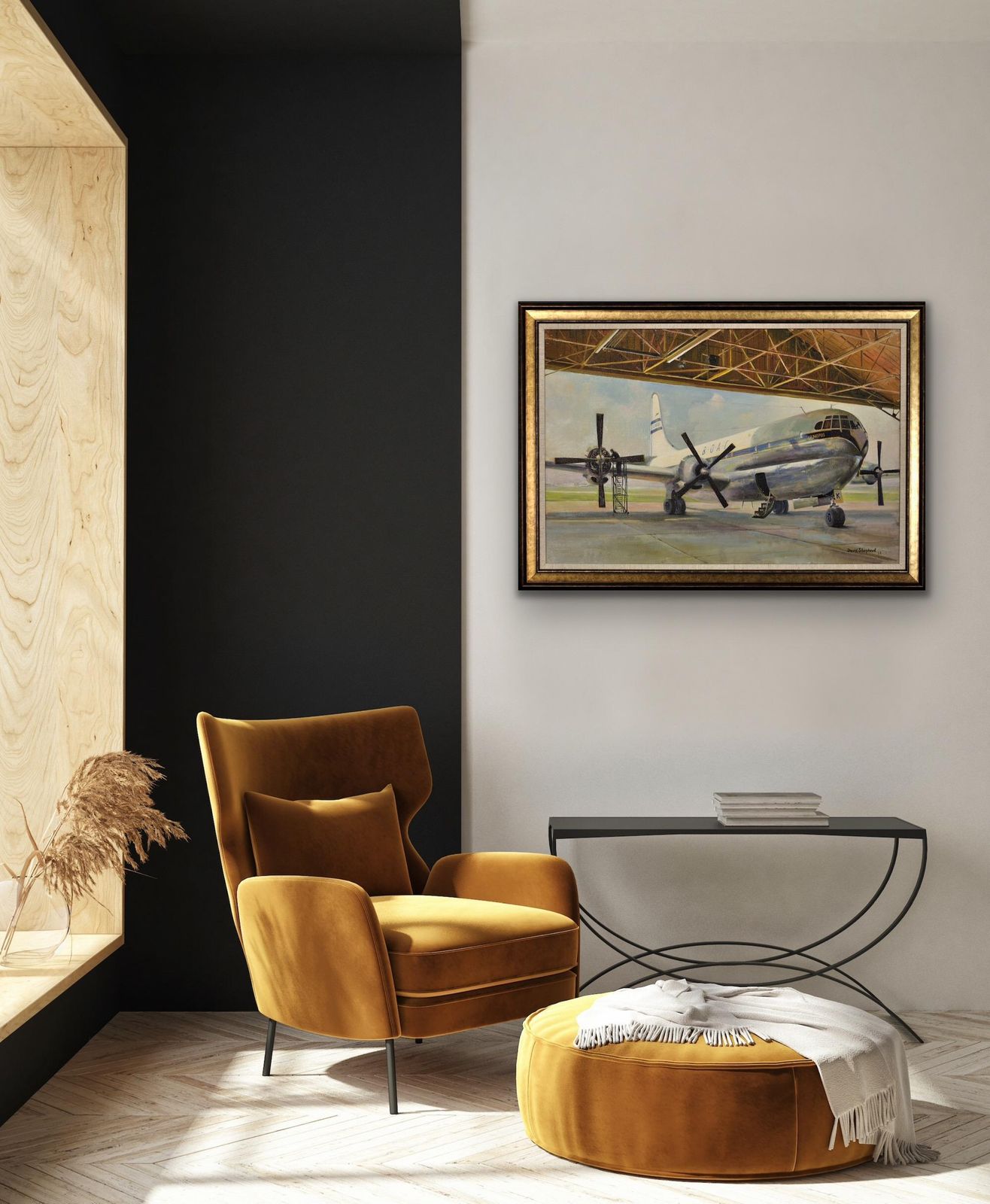 David Shepherd 1931 To  2017. Giant Refreshed. Boac Boeing 377 Stratocruiser. Framed 1950s Aviation Oil Painting. British Airline. American Aircraft. photo vinterior