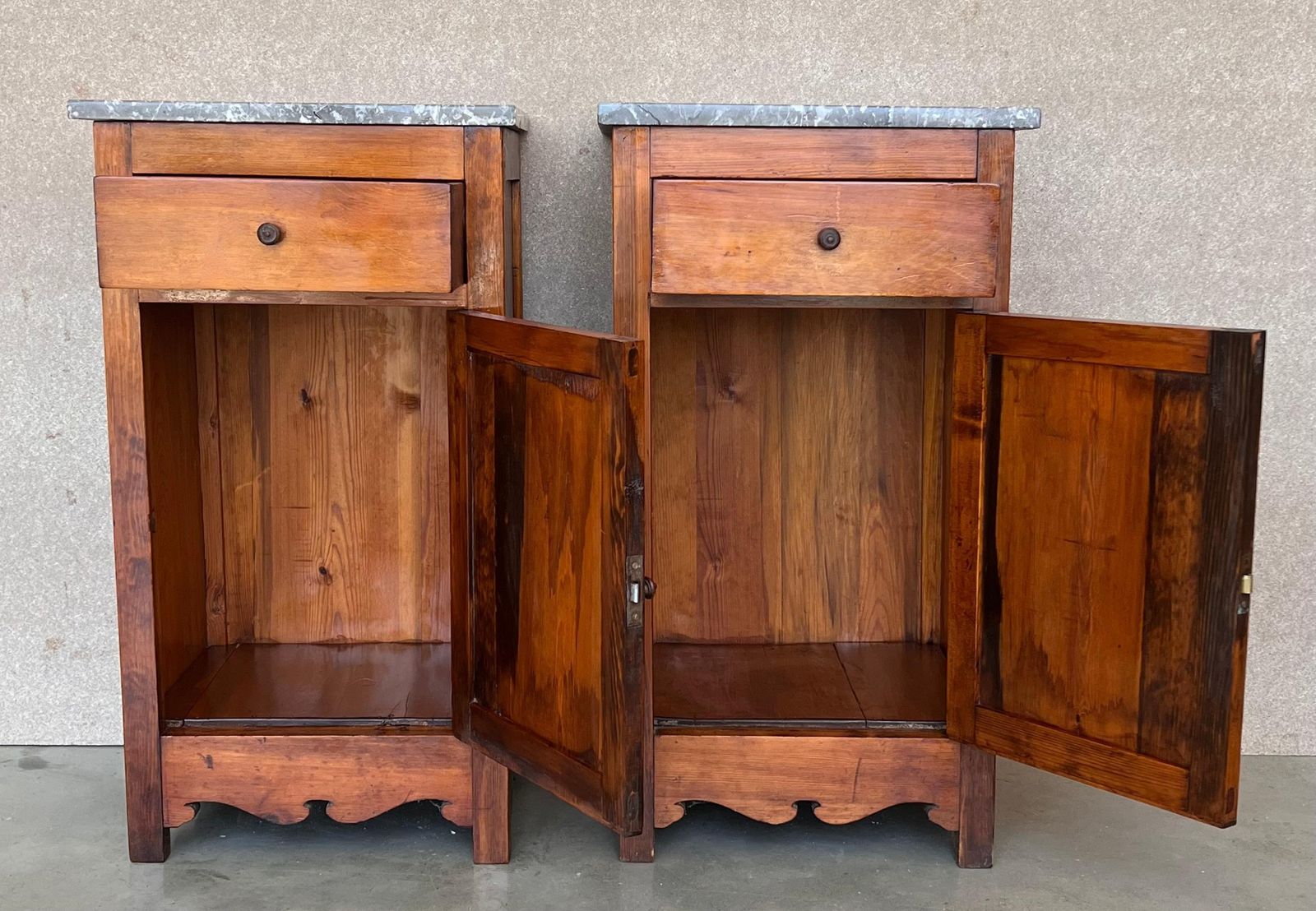 20th Century Pair Of Biedermeier Nightstands With Marble Top, One Drawer & Door photo vinterior