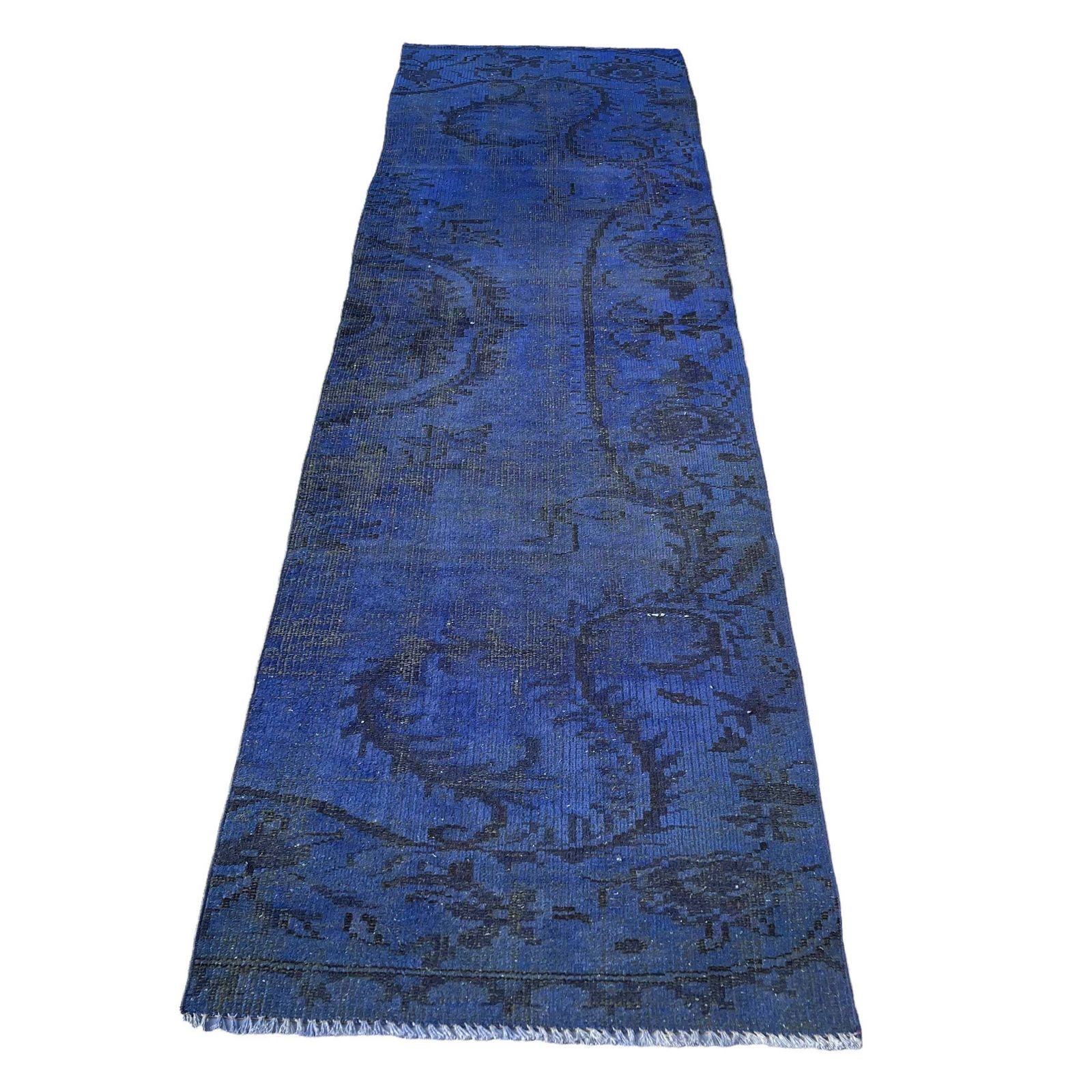 Distressed Turkish Narrow Runner 253 X 73 Cm Wool Vintage Rug Runner, Overdyed Blue Rug Runner photo vinterior