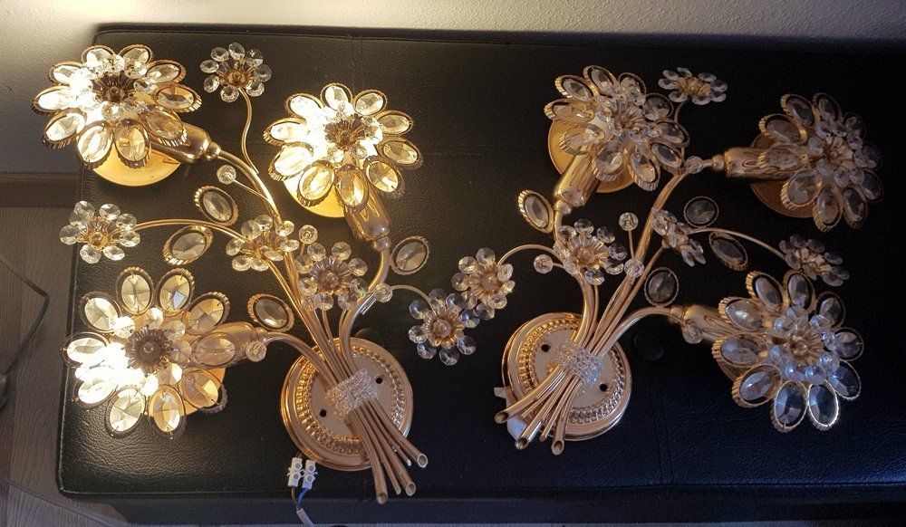 Gilded Crystal Flower Wall Lamp From Palwa, 1970s, Set Of 2 photo furniture