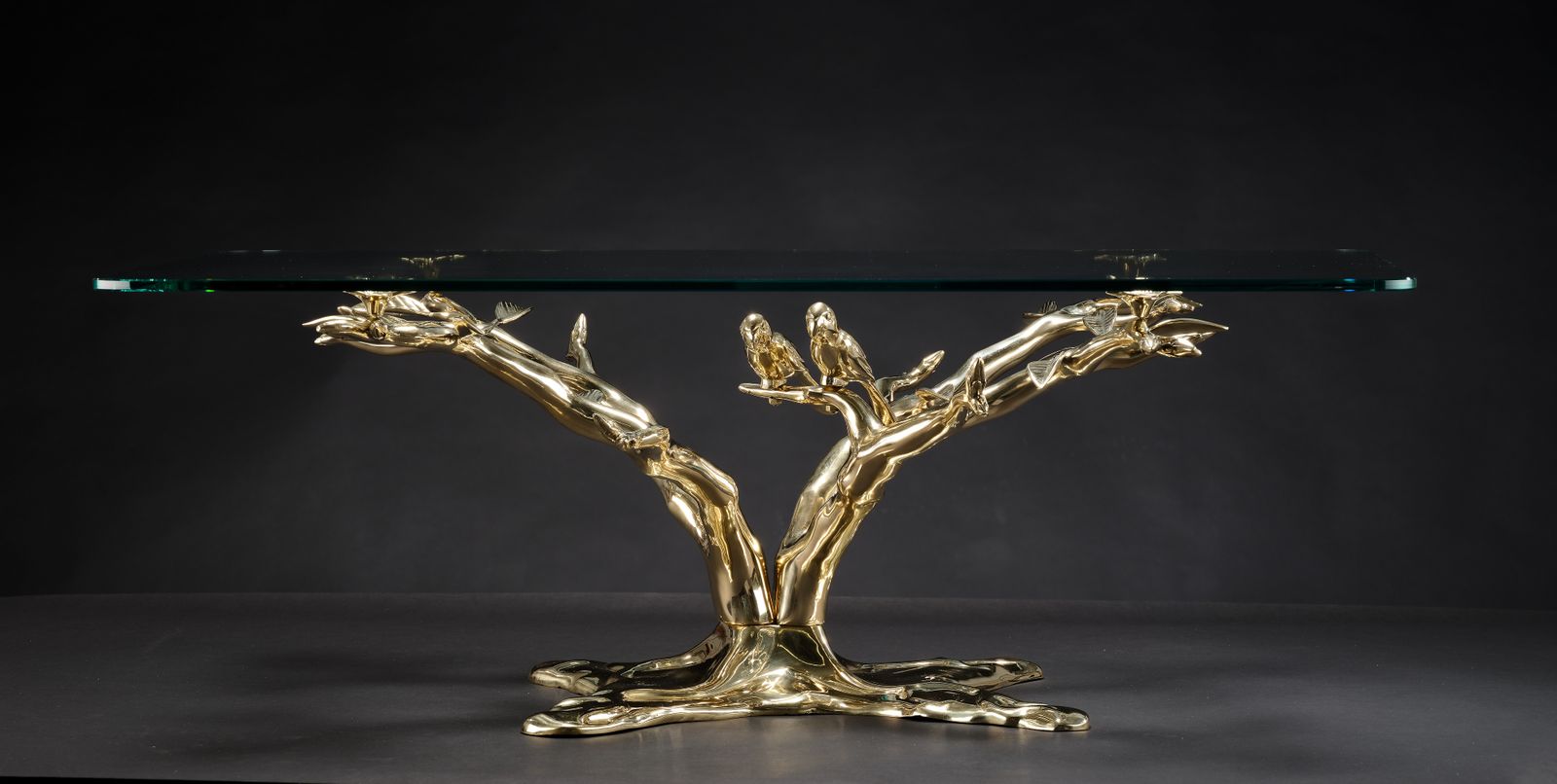 Stunning Mid Century Polished Brass "Bonsai Tree" Coffee Table In The Manner Of Willy Daro, Belgium Circa 1970’s photo for sale