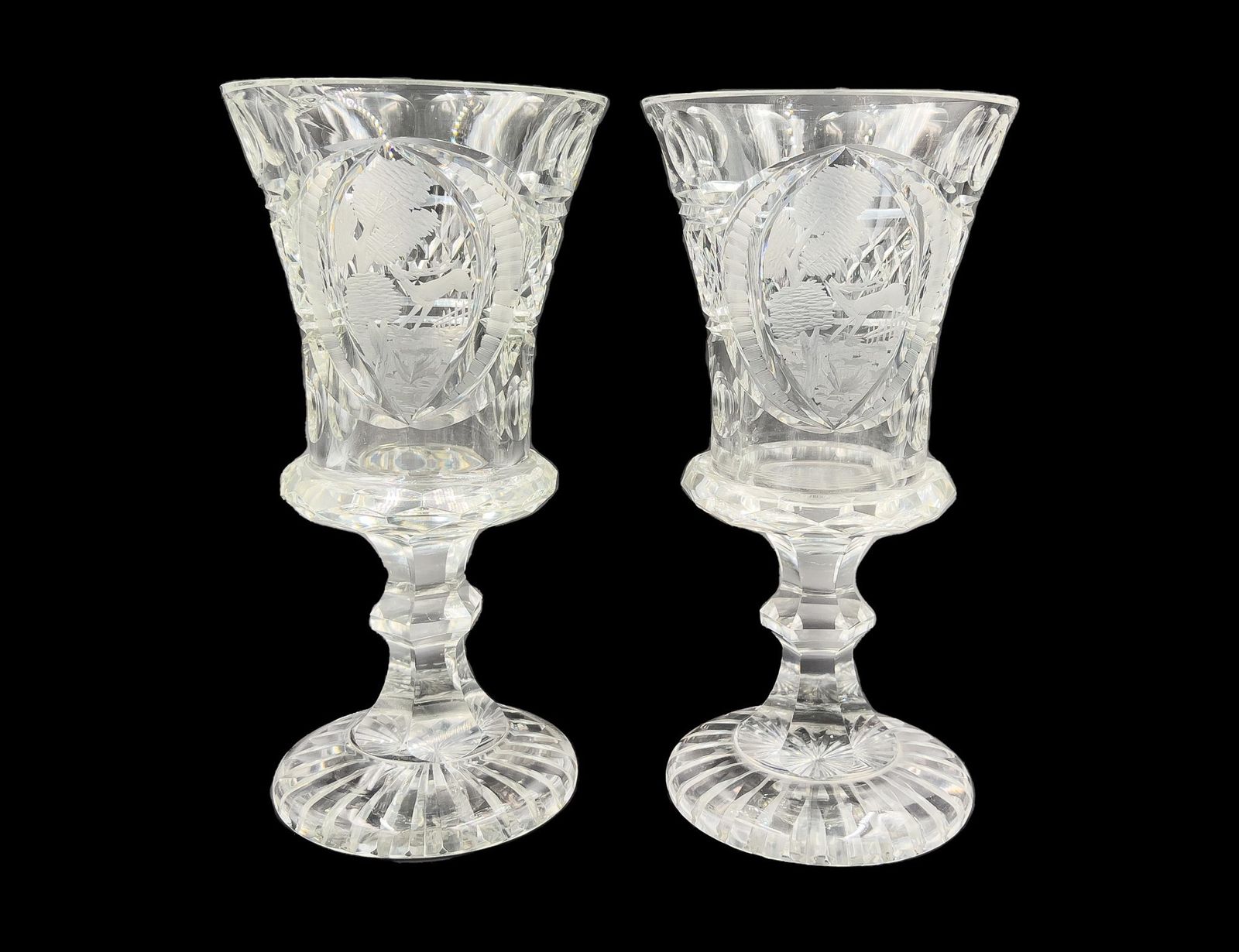 A Fine Pair Of Bohemian Cut And Etched Lidded Glass Vases, Late 19th/Early 20th Century photo vintage