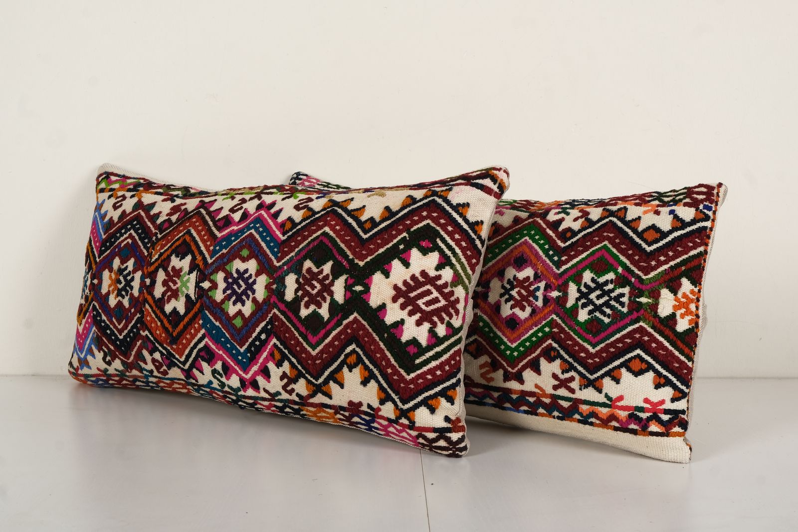Vintage Emboridery Kilim Pillowcase Pillow, Pair Organic Striped Lumbar Kilim Pillow 12" X 24" photo for sale