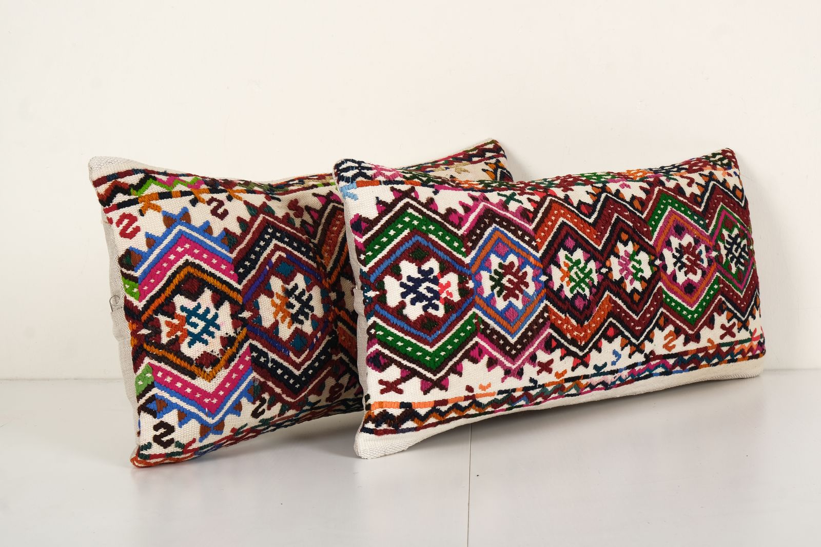 Vintage Emboridery Kilim Pillowcase Pillow, Pair Organic Striped Lumbar Kilim Pillow 12" X 24" photo Textiles